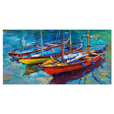 Designart - Three Fishing Boat Oil Painting - Sea & Shore Painting Print on Wrapped Canvas in Blue | 32" x 16" | Michaels&reg;