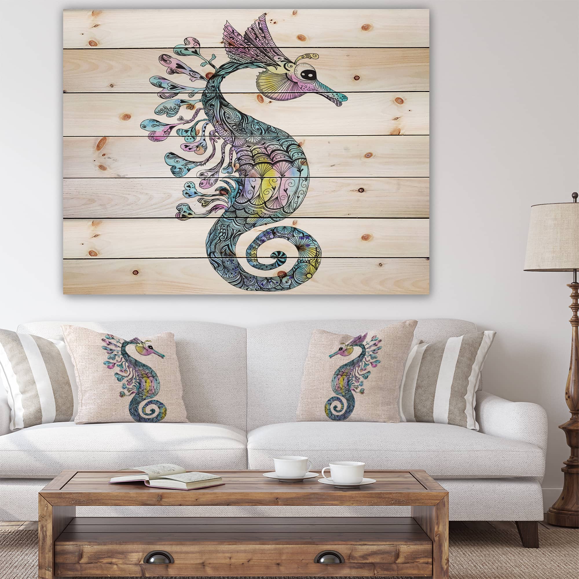 Designart - Colorful Seahorse Watercolor - Animal Art Print on Natural Pine Wood