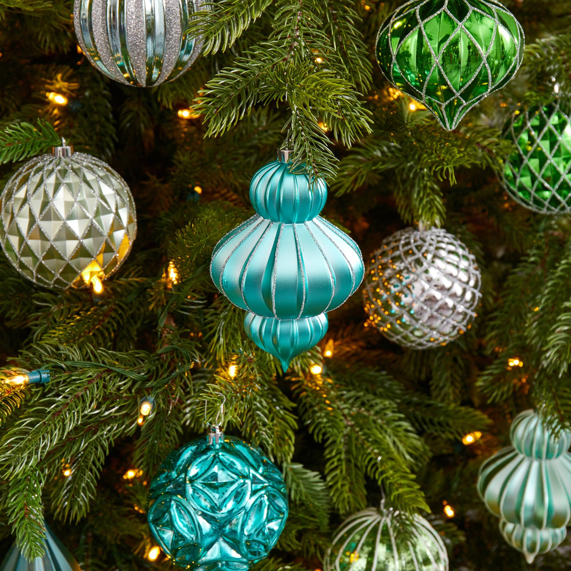 12ct. 4&#x22; Green &#x26; Silver Shatterproof Luxe Ornament Set