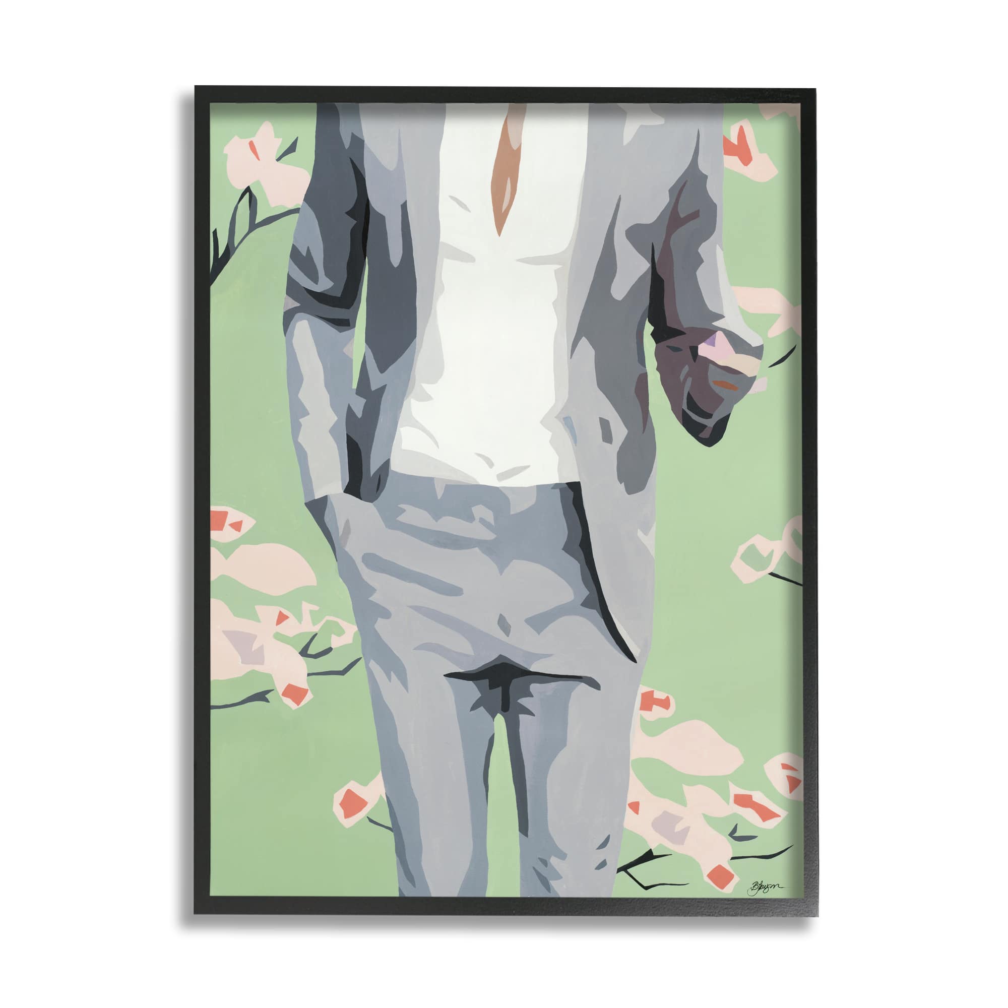 Stupell Industries Men's Fashion Business Suit over Pink Flowers in Black Frame Wall Art