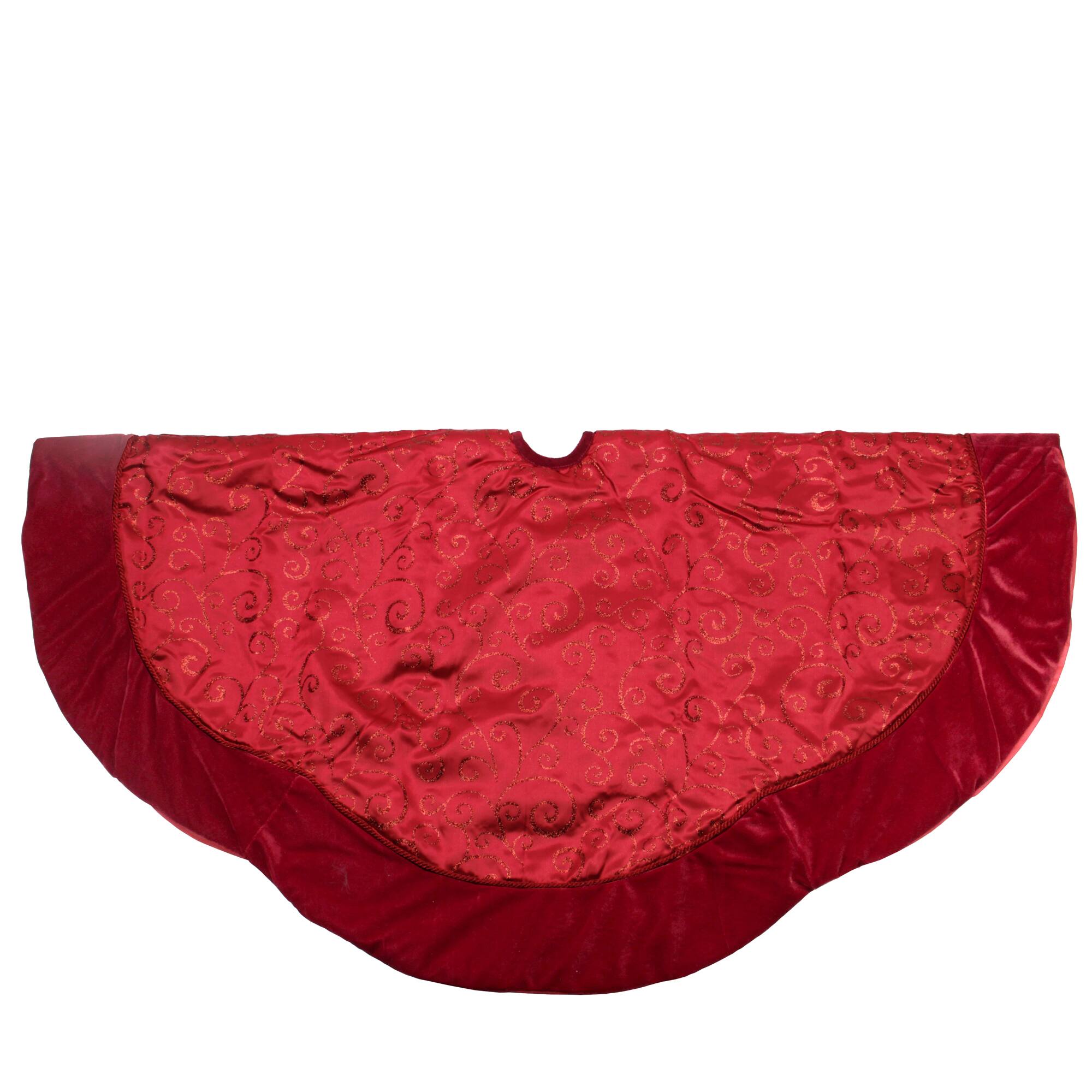 48" Red Glittered Swirl & Velveteen Trim Tree Skirt