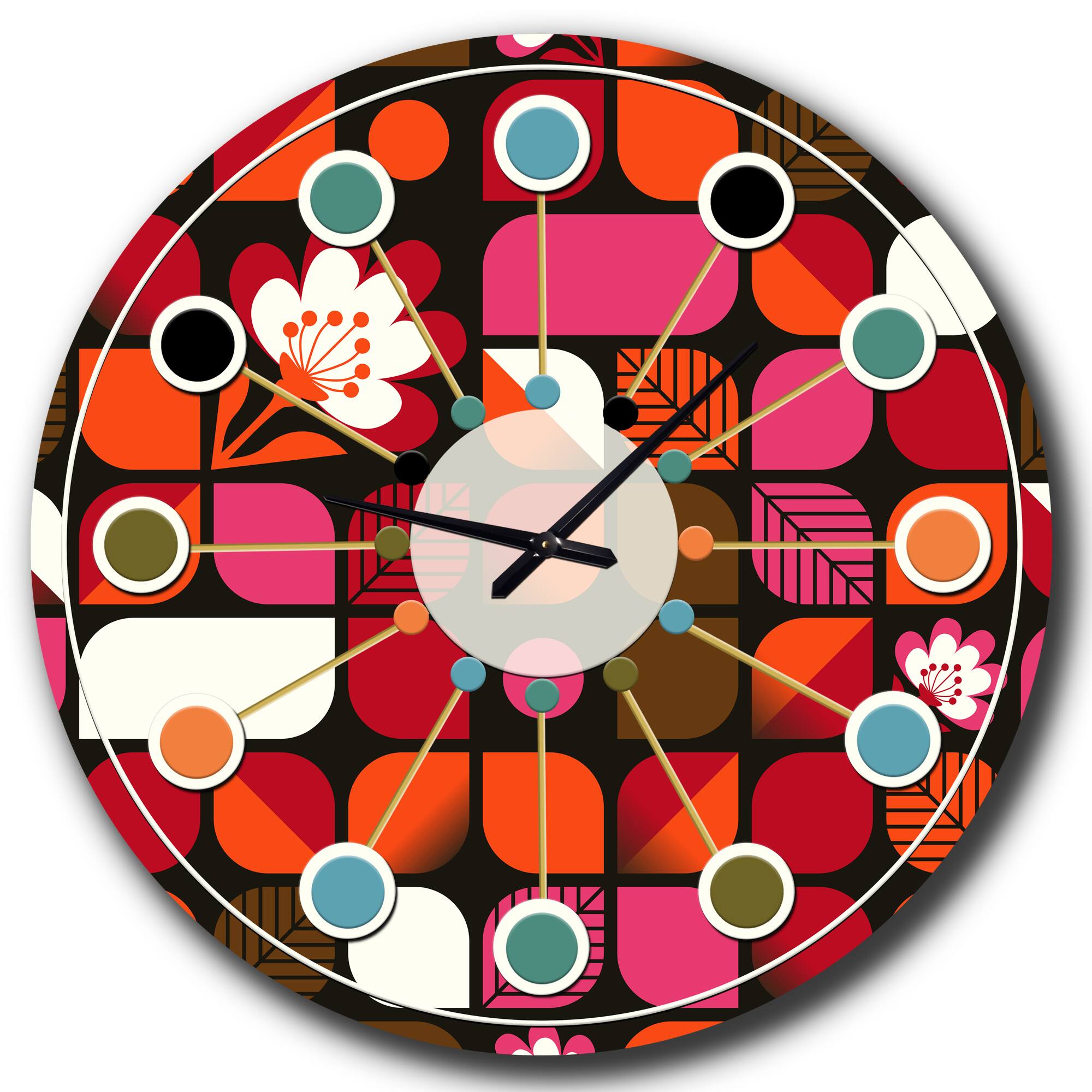 Designart Geometric Retro Flower Design I Mid-Century Modern Wall Clock