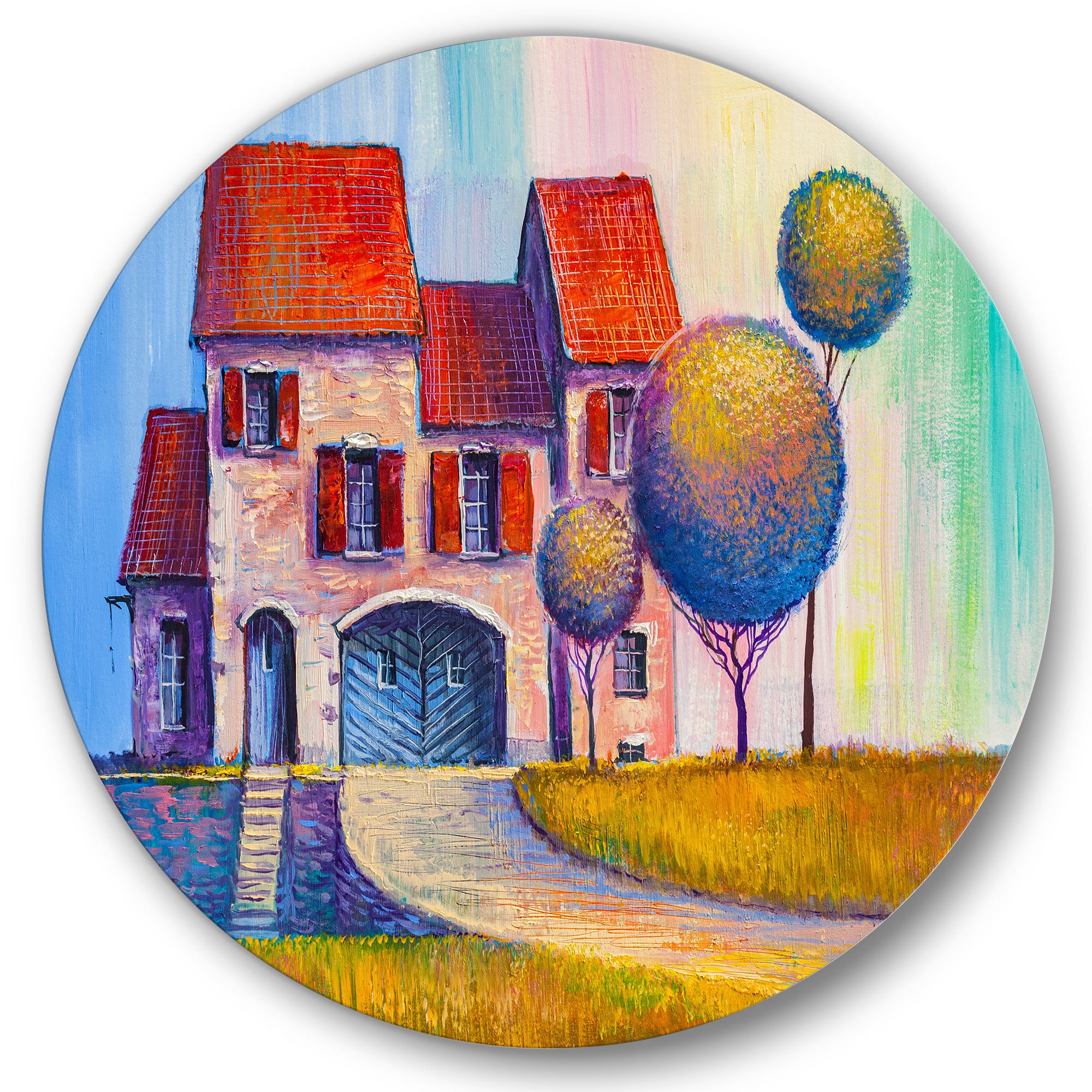 Designart - House With Red Roof In The Village - Modern Metal Circle Wall Art