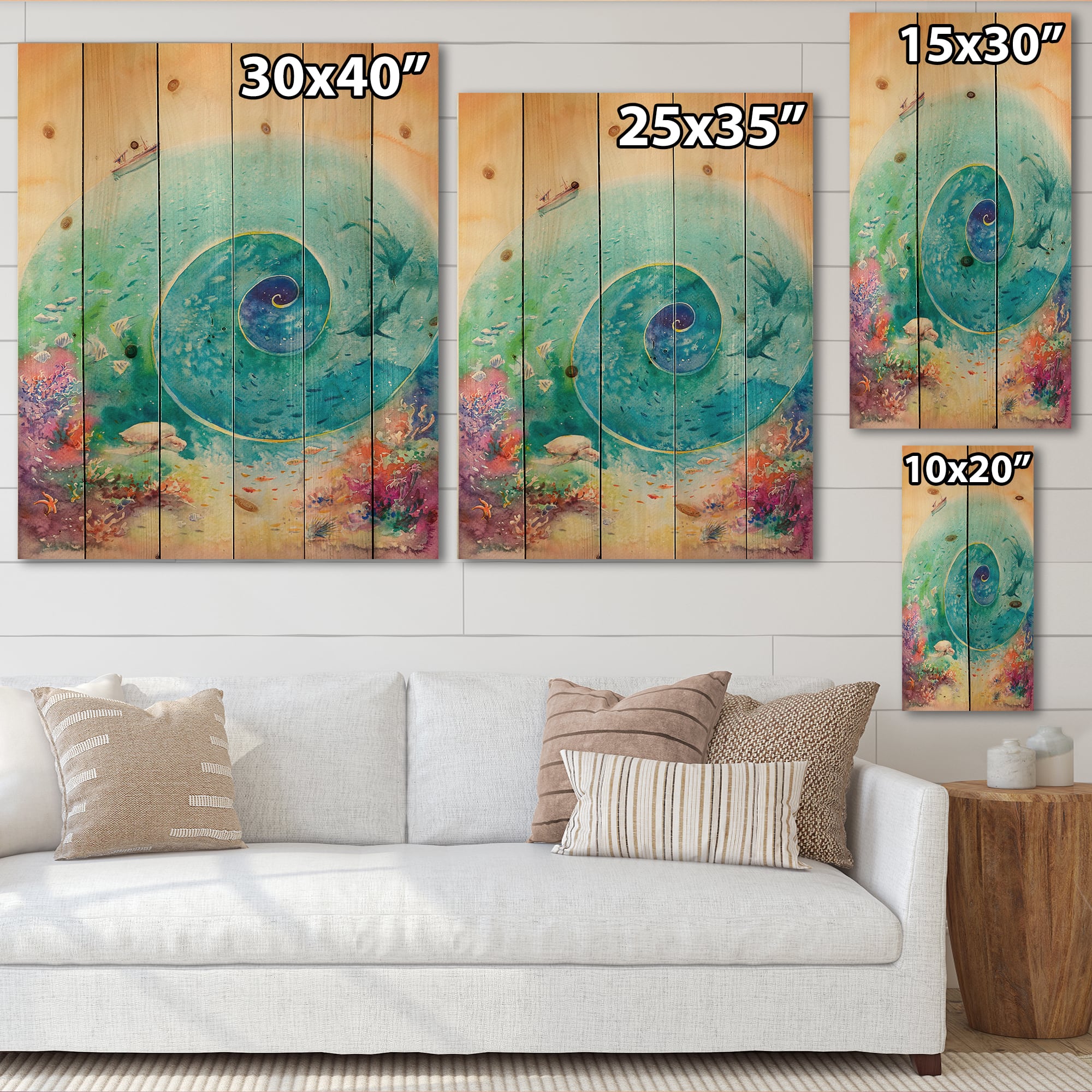 Designart - Turquoise Ocean Spiral With Coral Reef Fishes - Nautical & Coastal Print on Natural Pine Wood