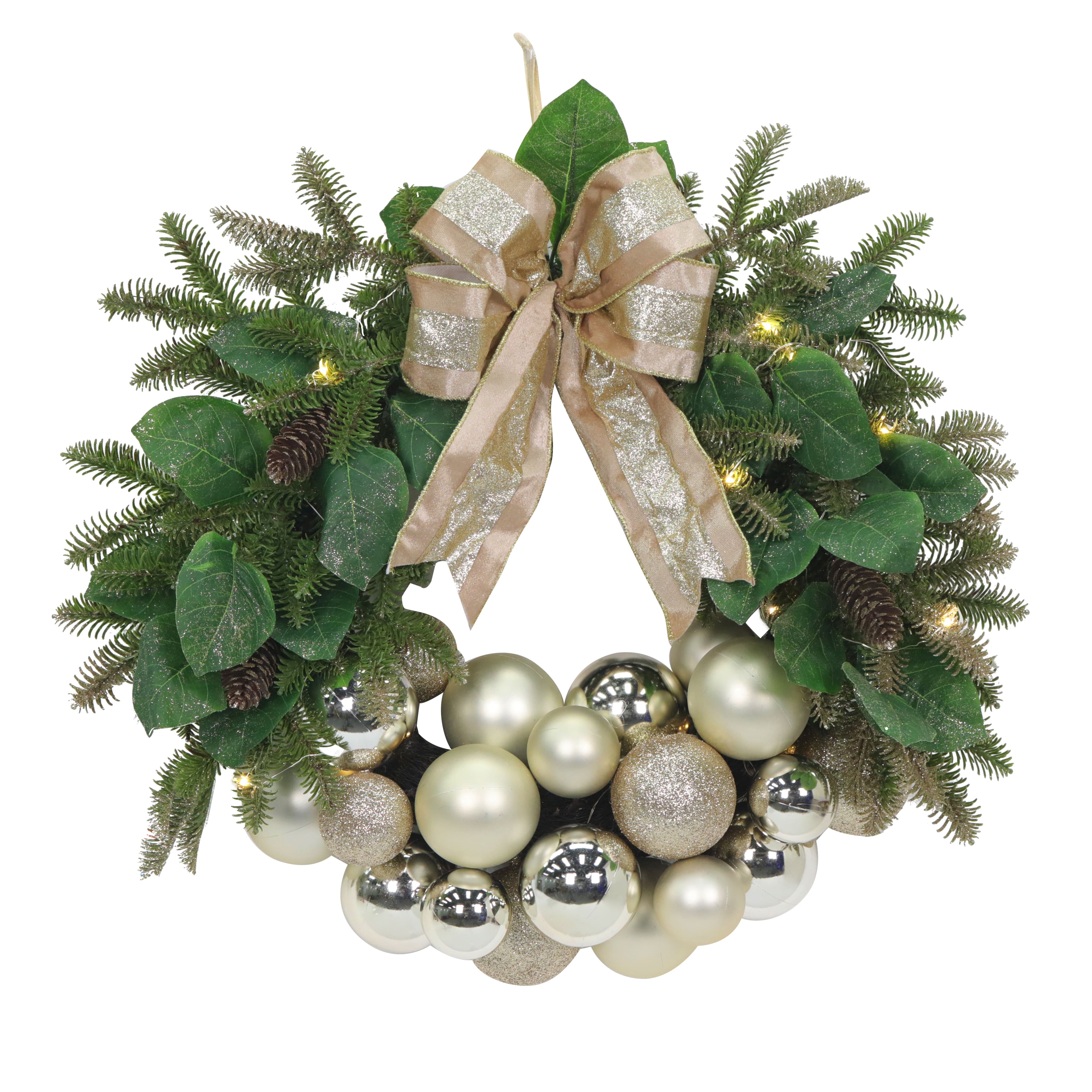 26&#x22; Pre-Lit LED Champagne Ornament &#x26; Bow Wreath by Ashland&#xAE;