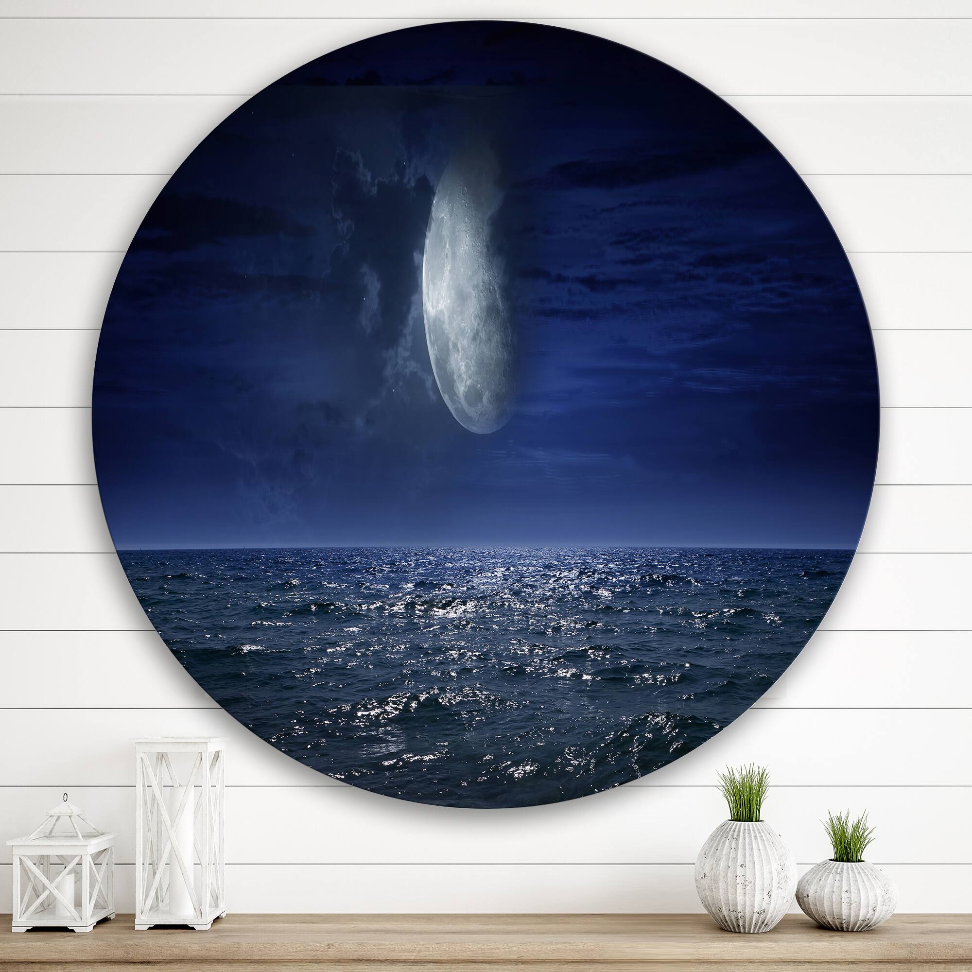 Designart - Full Moon Over Dark Ocean At Night - Nautical &#x26; Coastal Metal Circle Wall Art