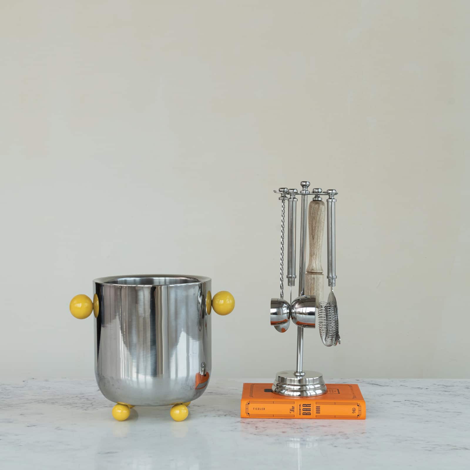 Hello Honey 5-Piece Stainless Steel and Mango Wood Bar Tools with Stand, Nickel Finish and Natural