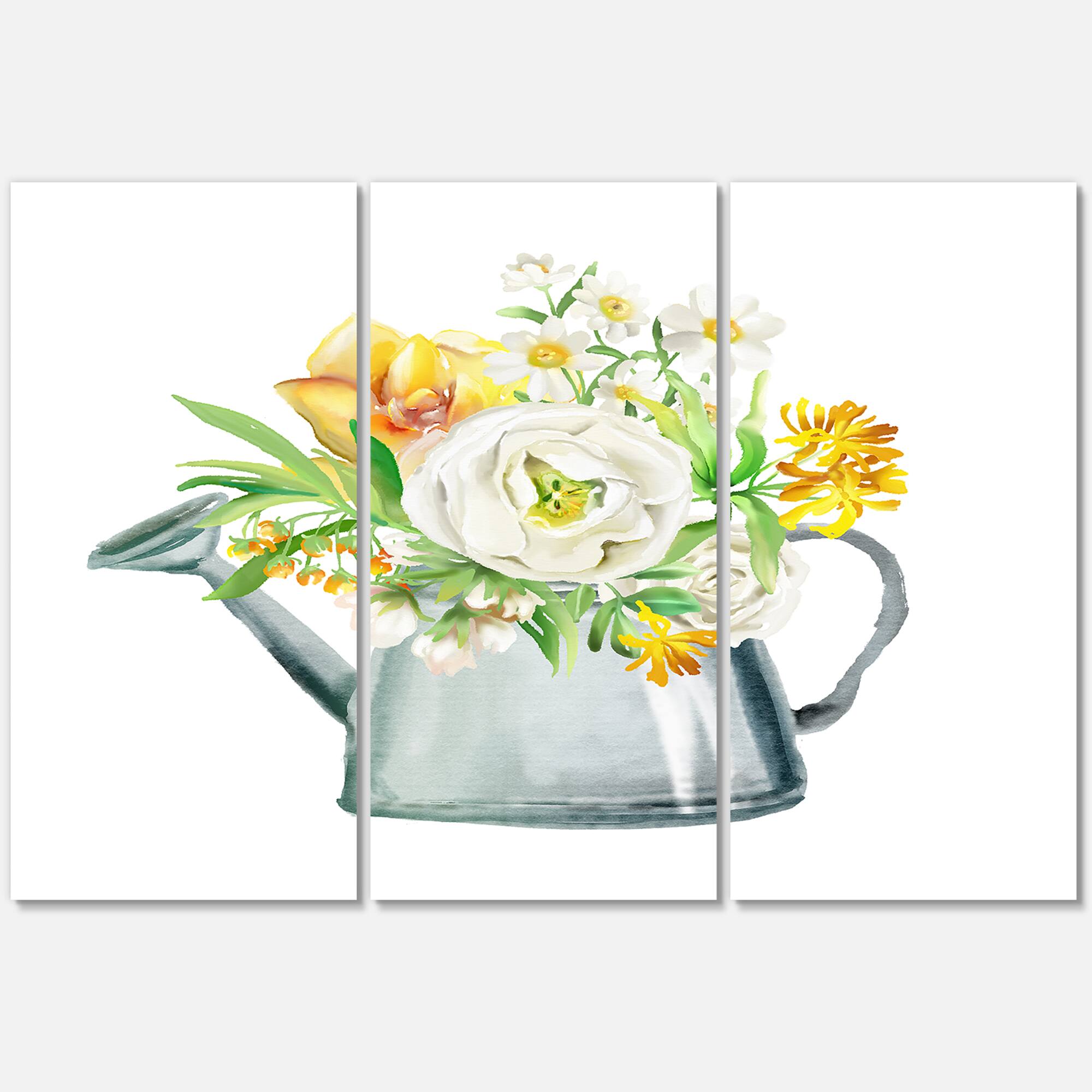 Designart - Roses Peonies &#x26; Marigolds In Garden Watering Can - Farmhouse Canvas Wall Art Print