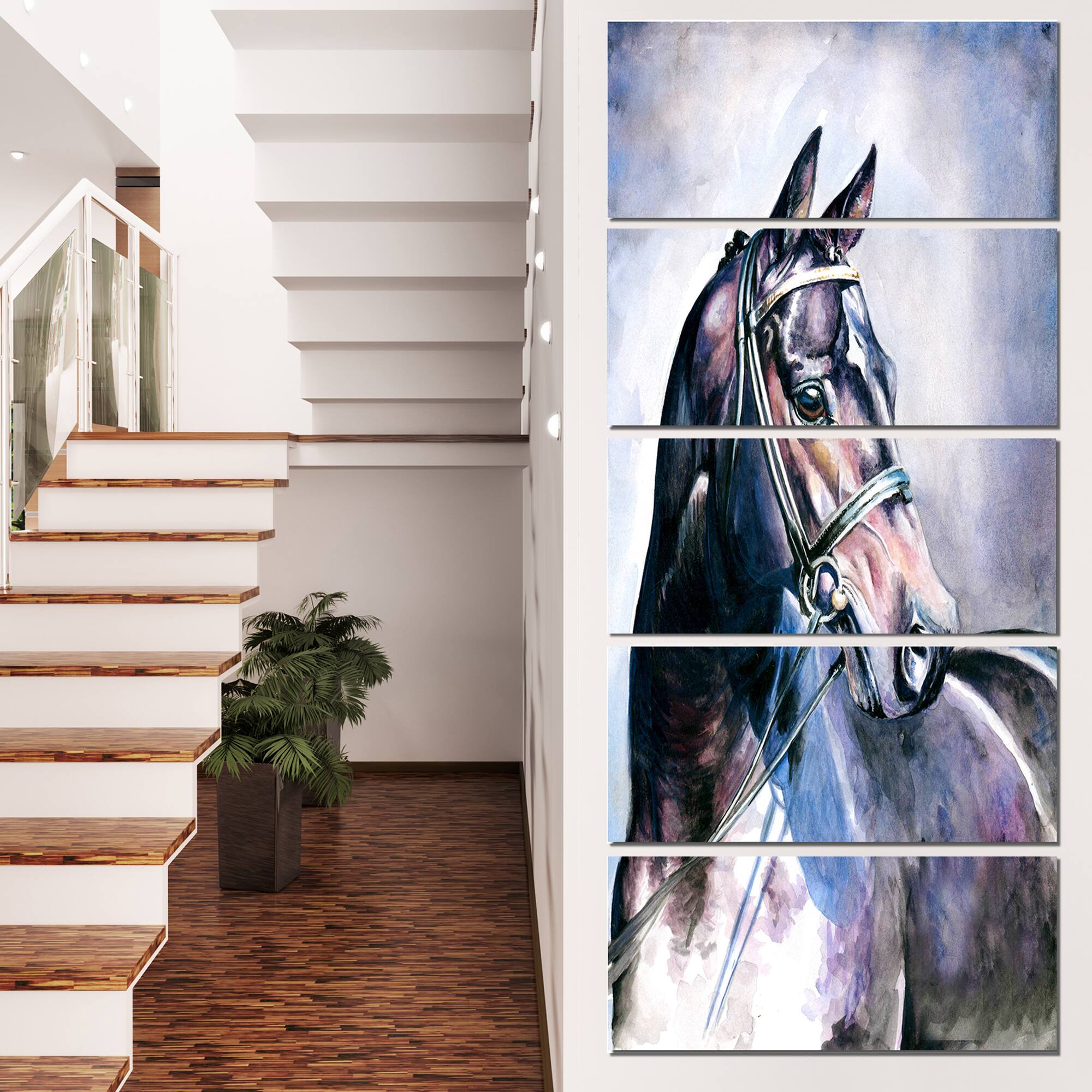 Designart - Black Horse with Bridle - Abstract Canvas Art Print