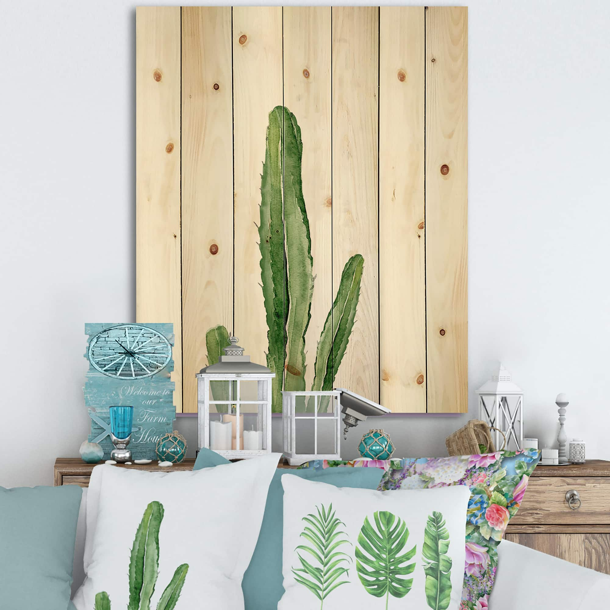 Designart - Green Cactus South Western Plant Botanical Detail - Botanical Print on Natural Pine Wood