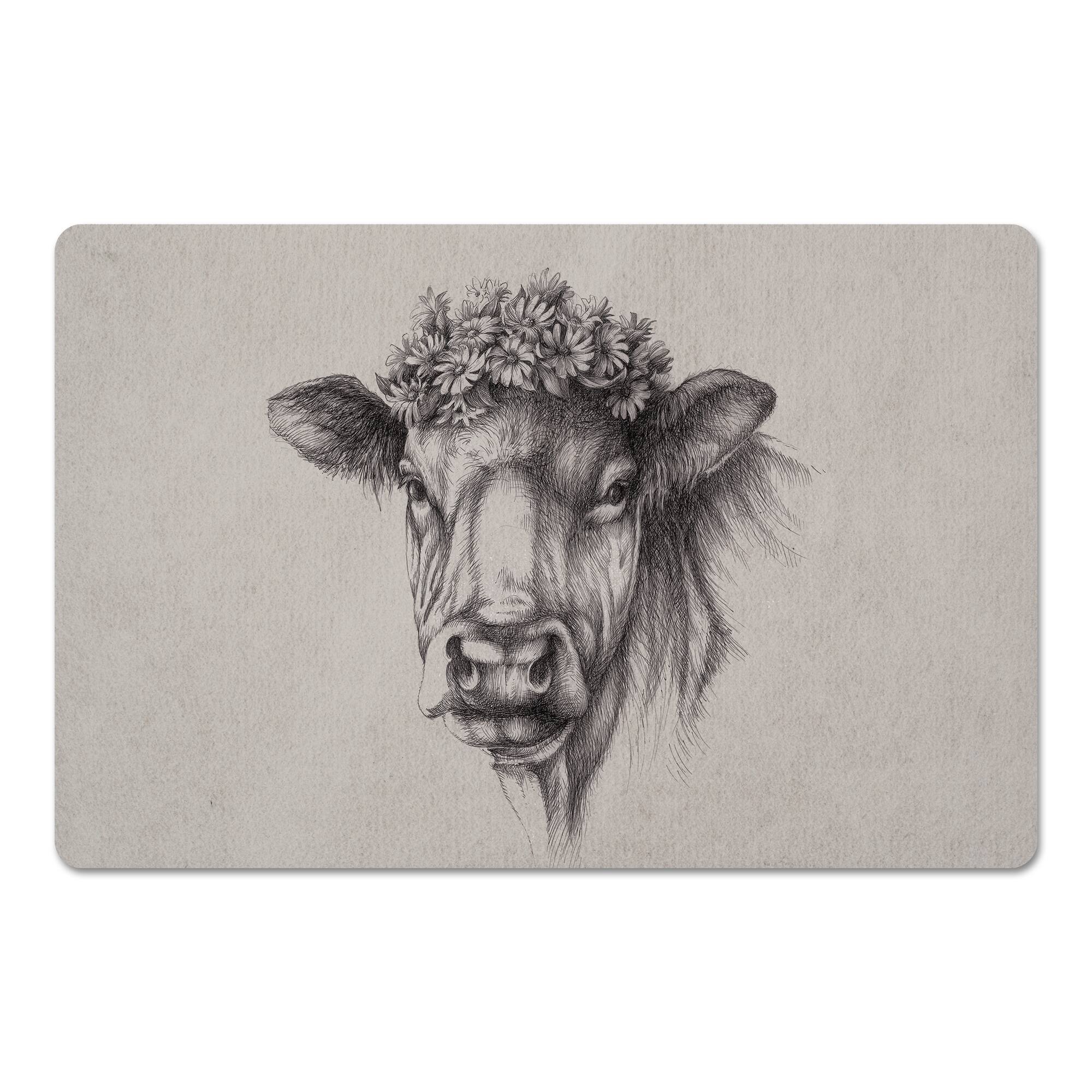 Flower Crown Cow Sketch 18" x 27" Floor Mat