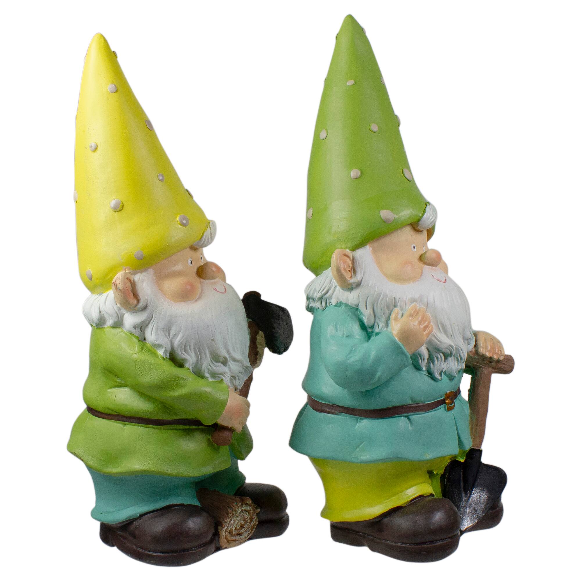 12.25&#x22; Green &#x26; Yellow Gnome Outdoor Garden Statue Set