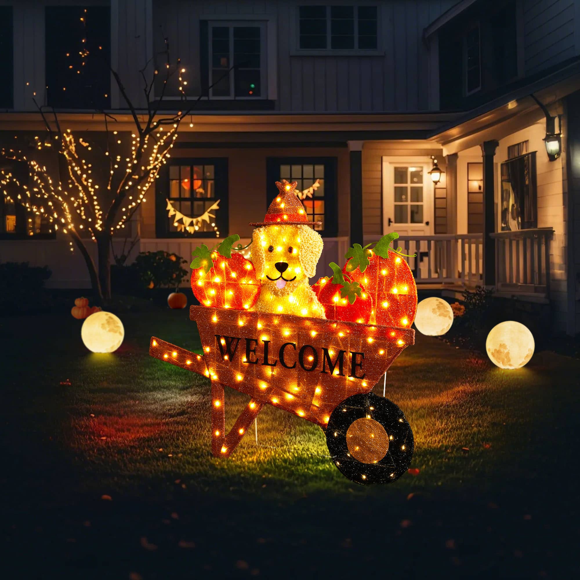 Glitzhome&#xAE; 36.25&#x22; Lighted Fall Pumpkin Wheel Barrow Outdoor Decor with Warm White LED Lights