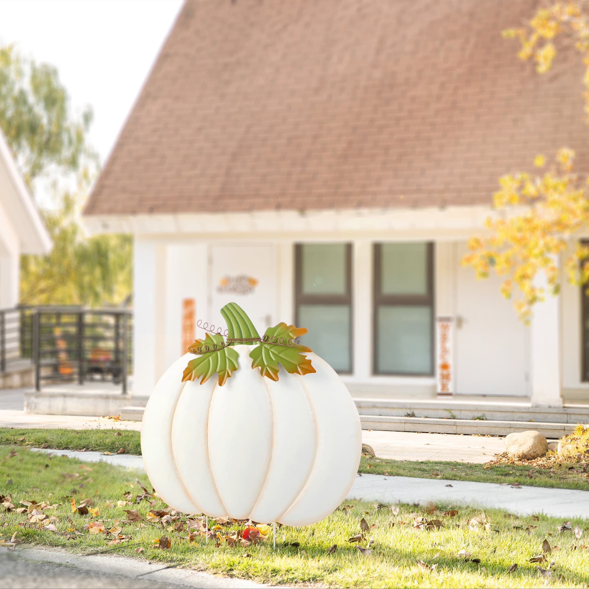Glitzhome&#xAE; 39.5&#x22; Fall Oversized Metal Ivory Pumpkin Yard Stake, Wall or Standing Decor