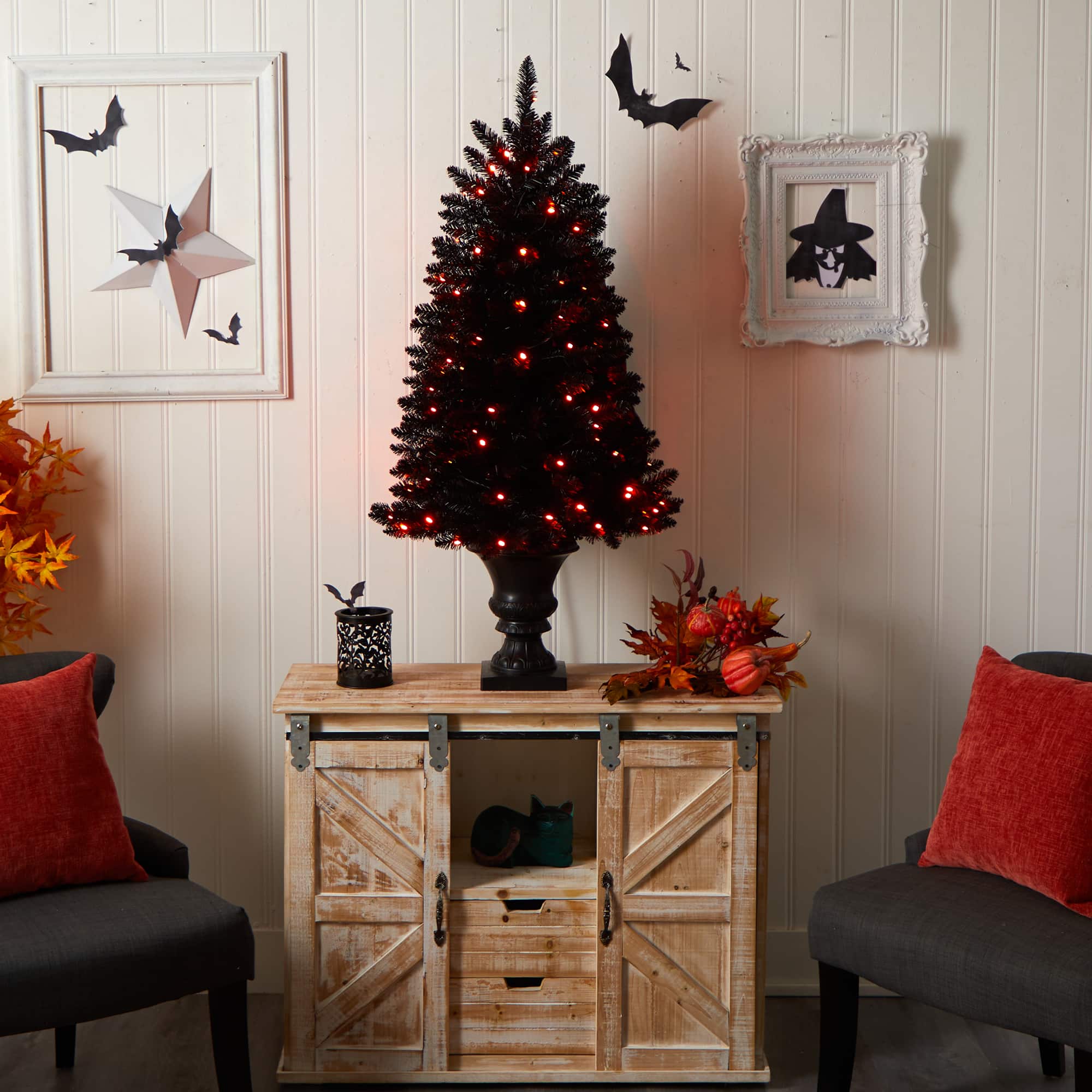 4ft. Black Artificial Halloween Tree in Urn, Orange LED Lights