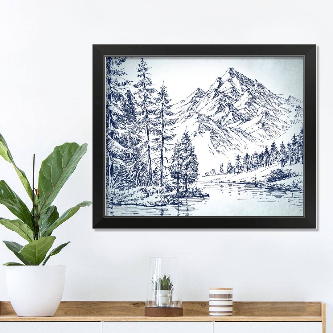 20" Mountain Forest Drawing Framed Wall Art