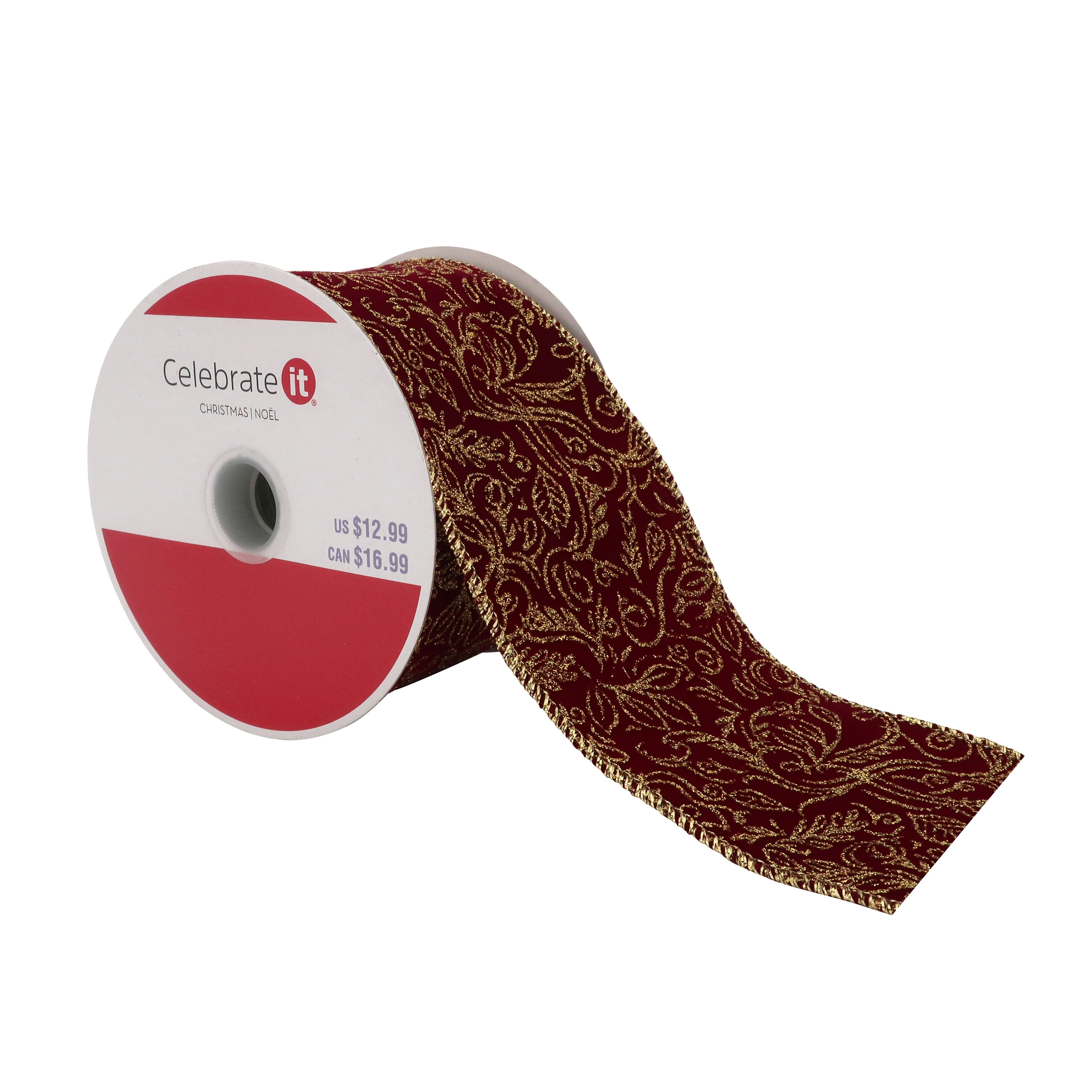 2.5&#x22; x 20ft. Burgundy Scroll Wired Velvet Ribbon by Celebrate It&#x2122; Christmas