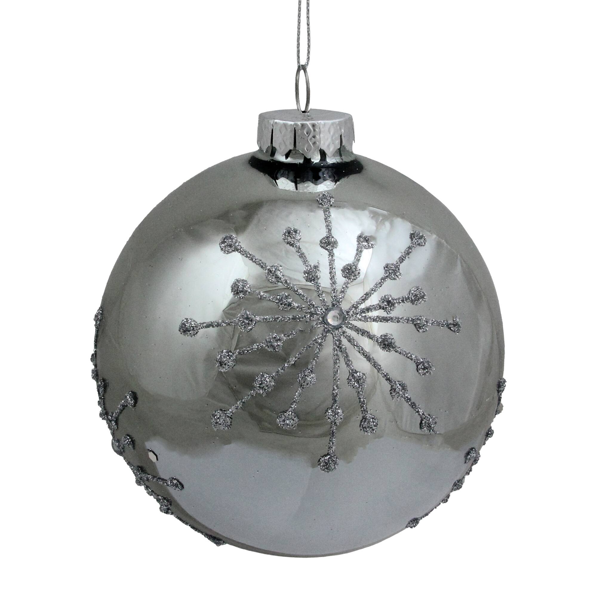 4" Shiny Silver Mirrored Glitter Snowflakes Ball Ornament