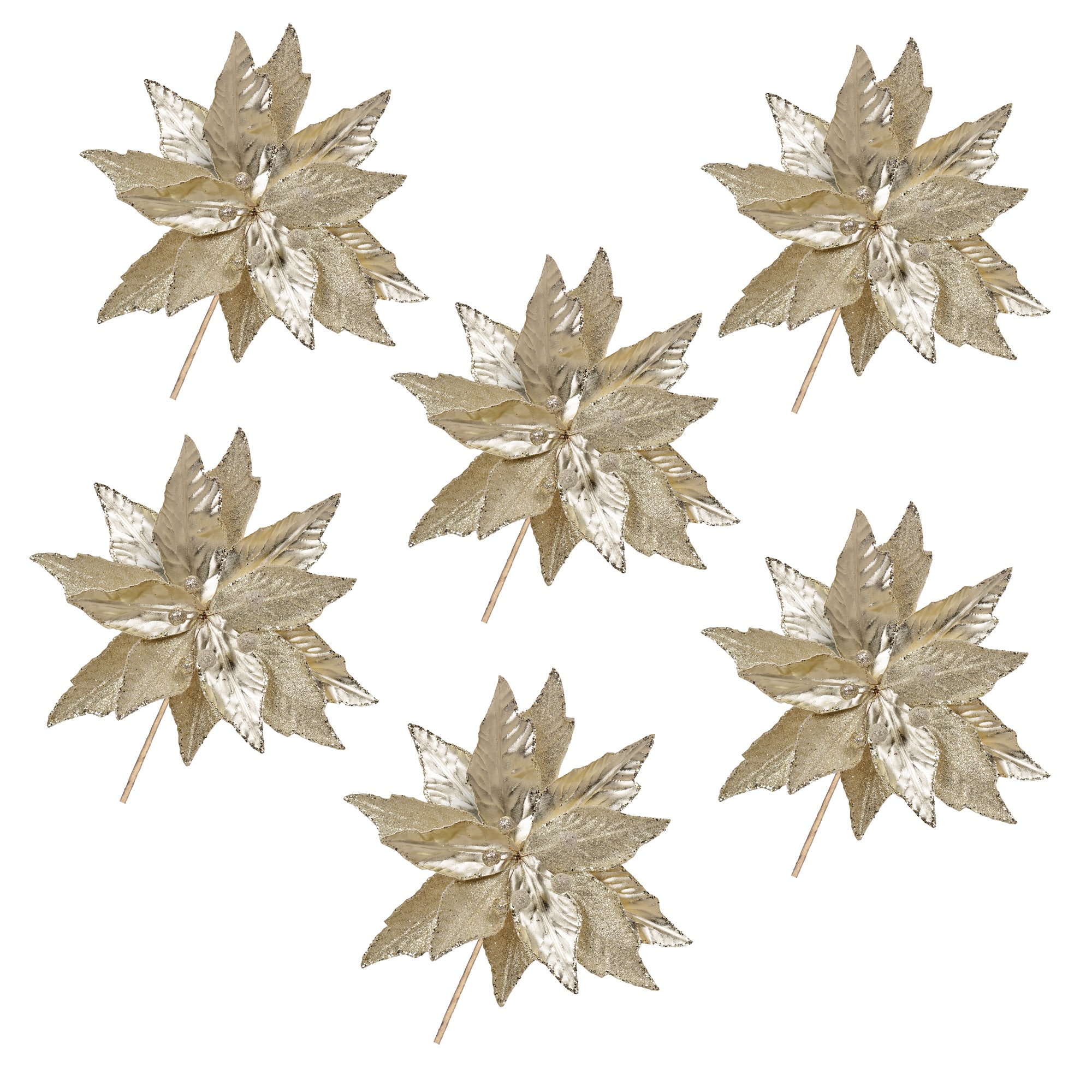 Champagne Gold Glittered Poinsettia Stems, 6ct.
