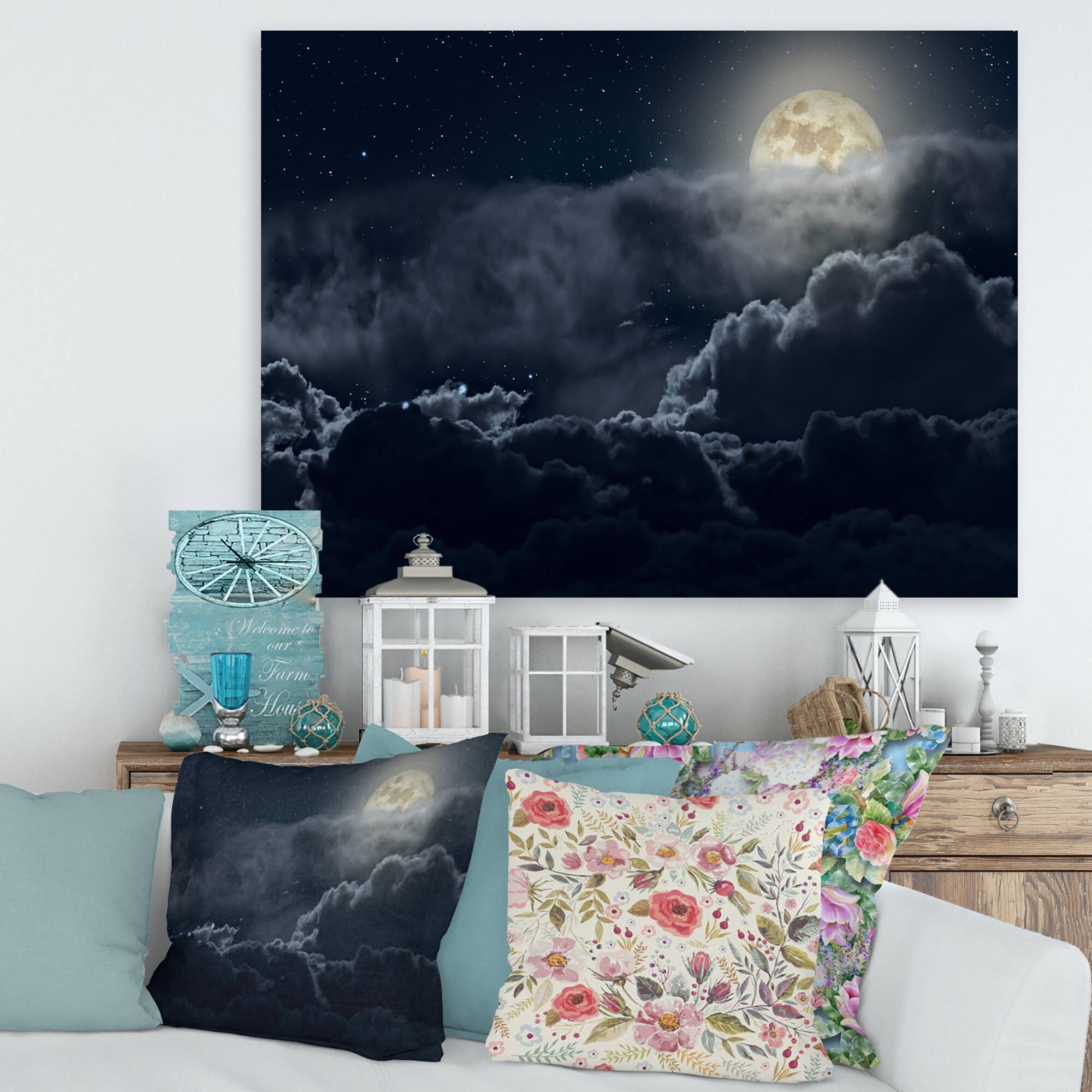 Designart - Cloudy Full Moon Night - Nautical & Coastal Canvas Wall Art Print