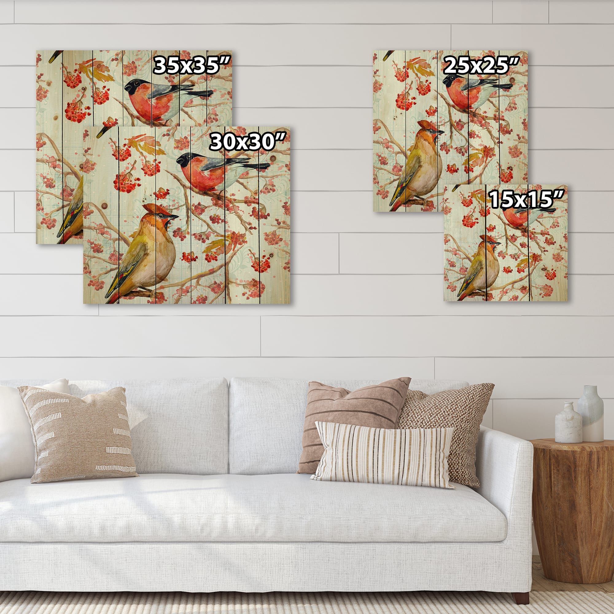 Designart - Two Birds On Branches During Autumn - Traditional Print on Natural Pine Wood