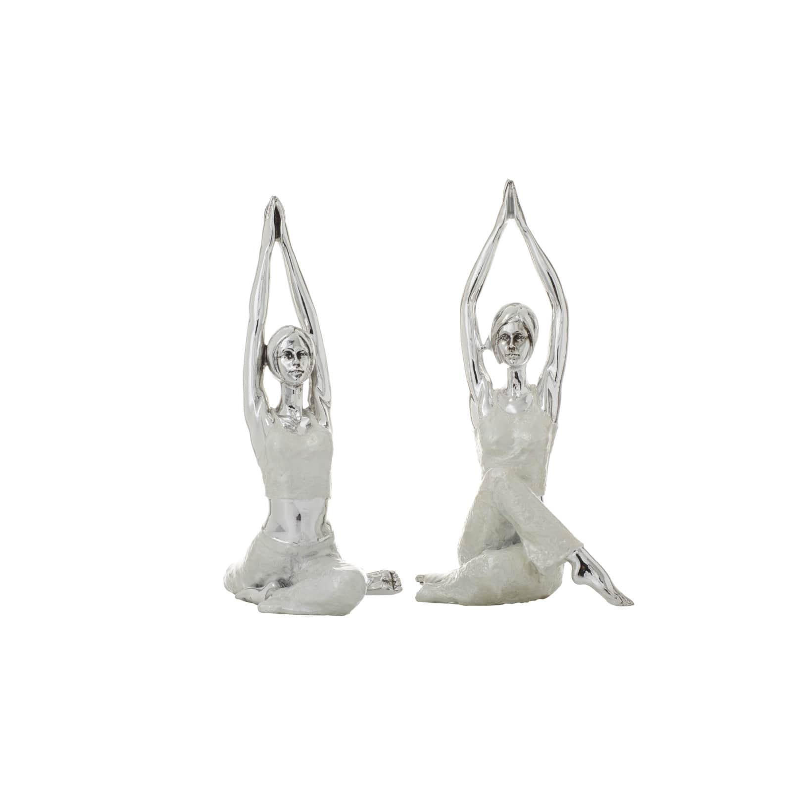 Set of 2 Silver Polystone Glam Yoga Sculpture, 7" x 16"
