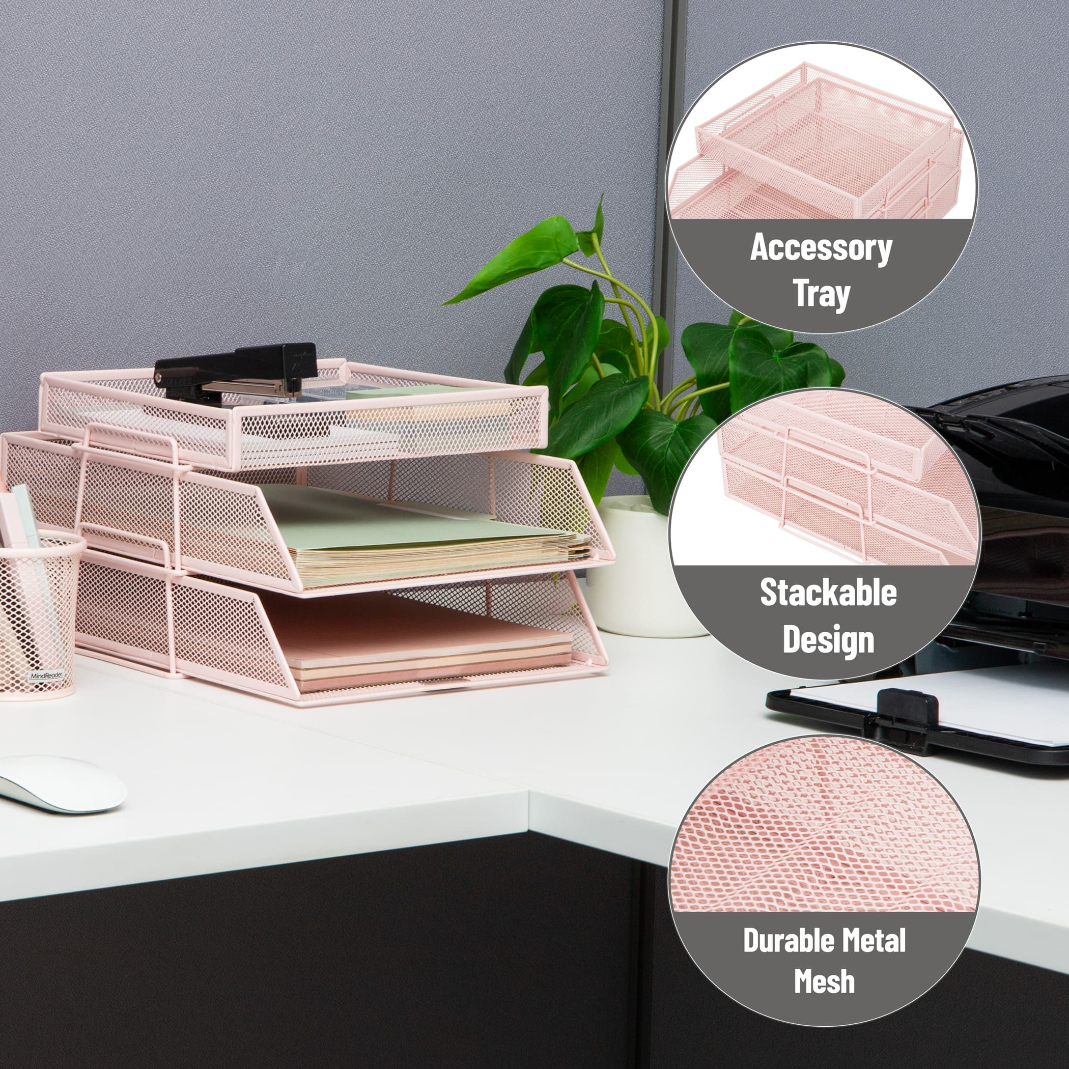 Mind Reader 2 Tier Paper Tray with Top Supply Compartment, Desktop File Organizer, Metal Mesh, Pink