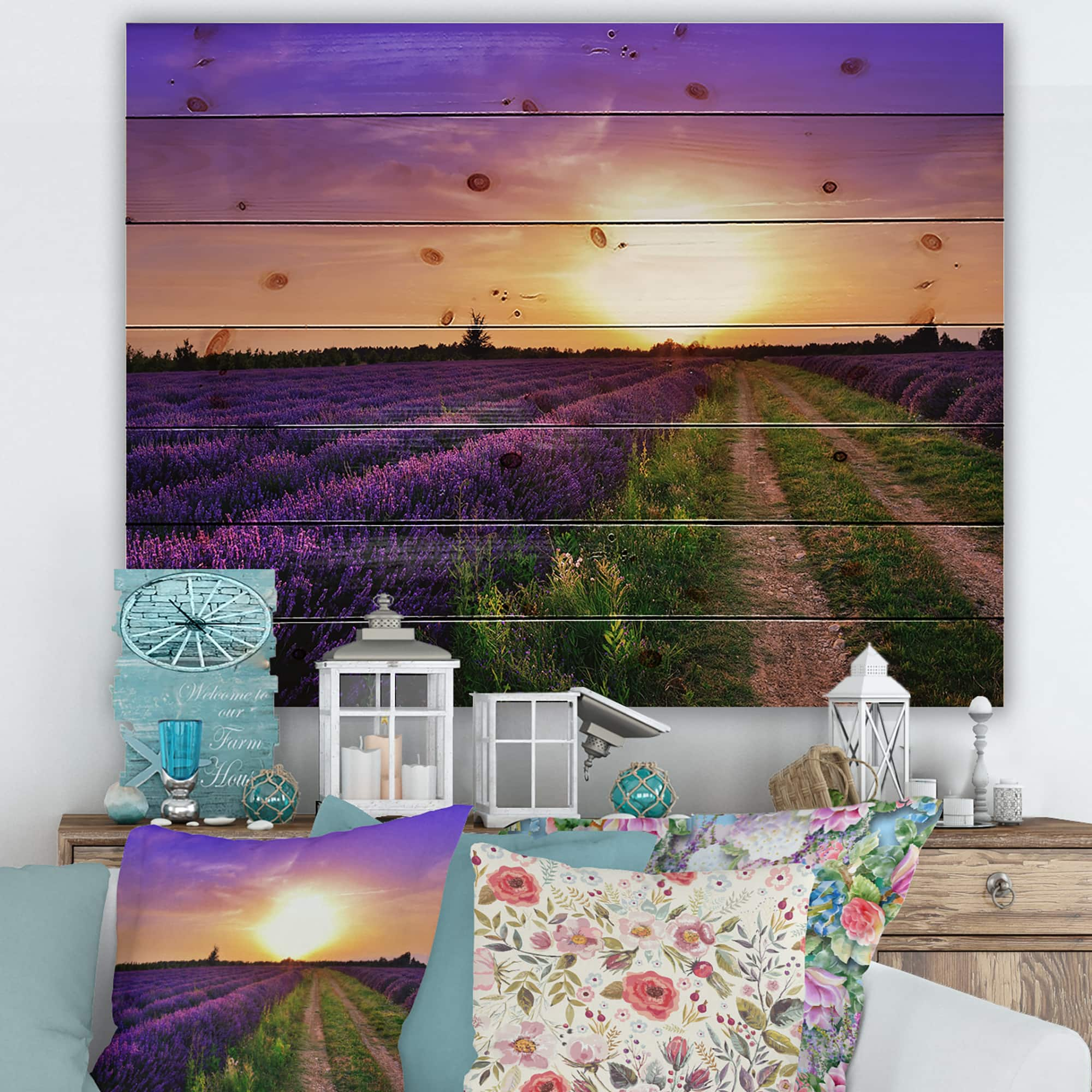 Designart - Lavender Field At Dawn II - Farmhouse Print on Natural Pine Wood