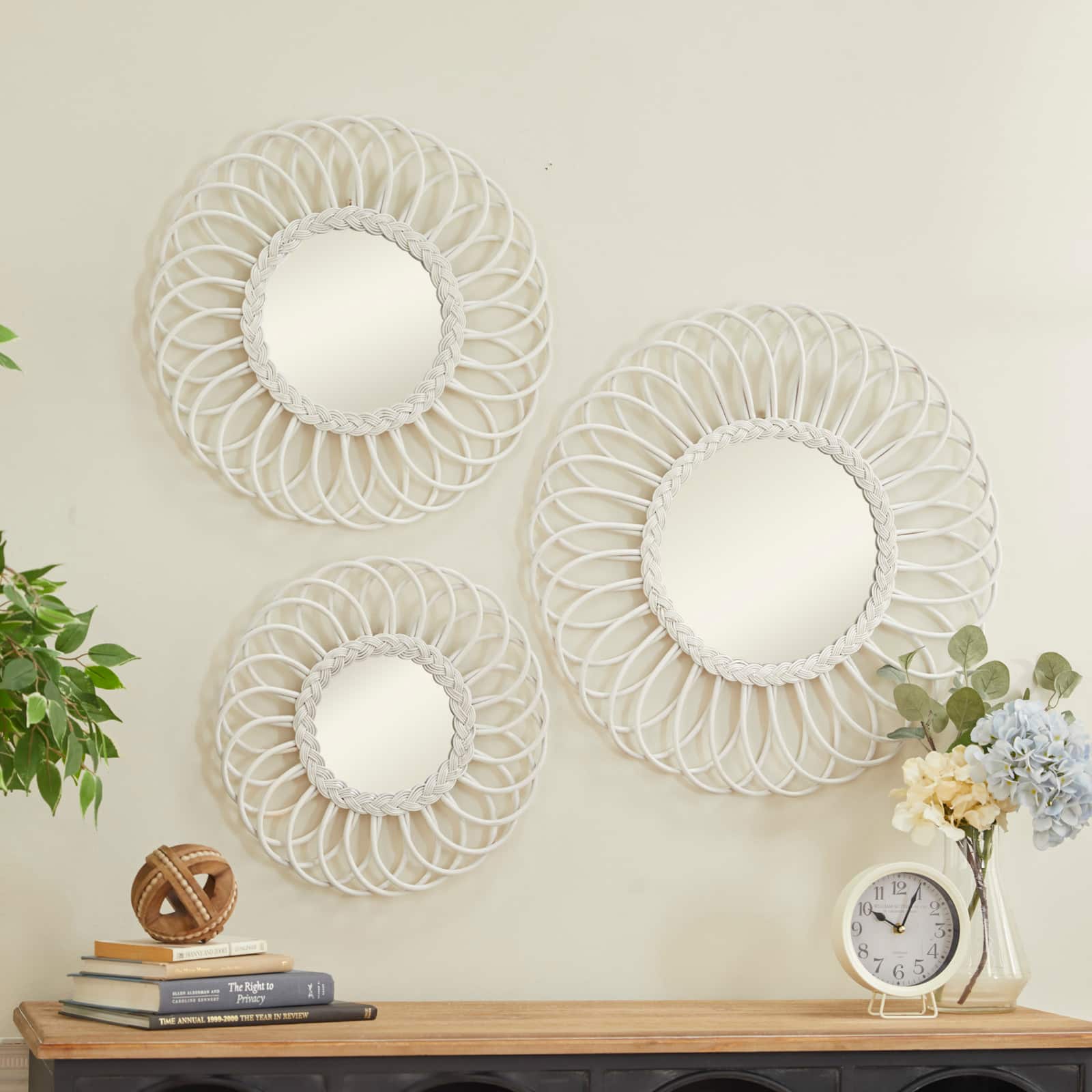 White Woven Rattan Round Wall Mirrors Set