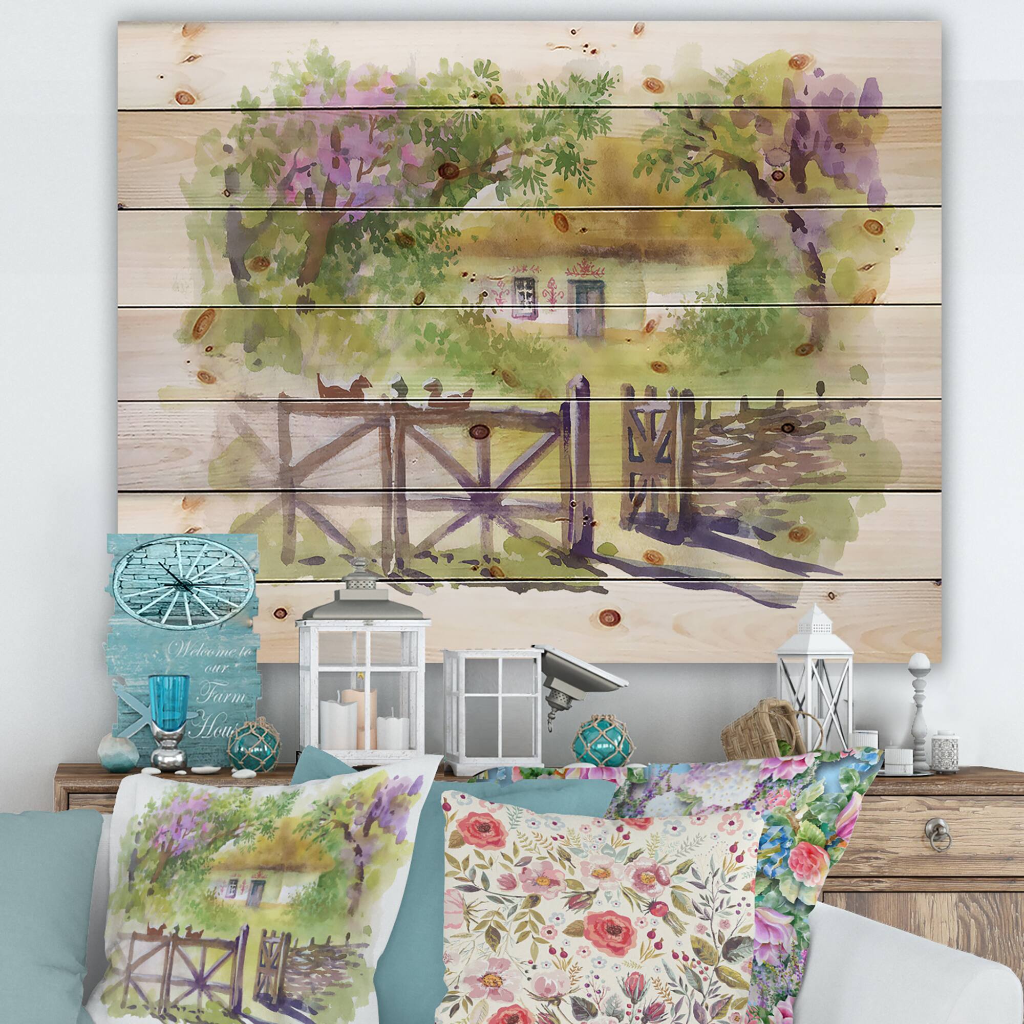 Designart - Painting Of Rustic Cottage In The Woods - Traditional Print on Natural Pine Wood