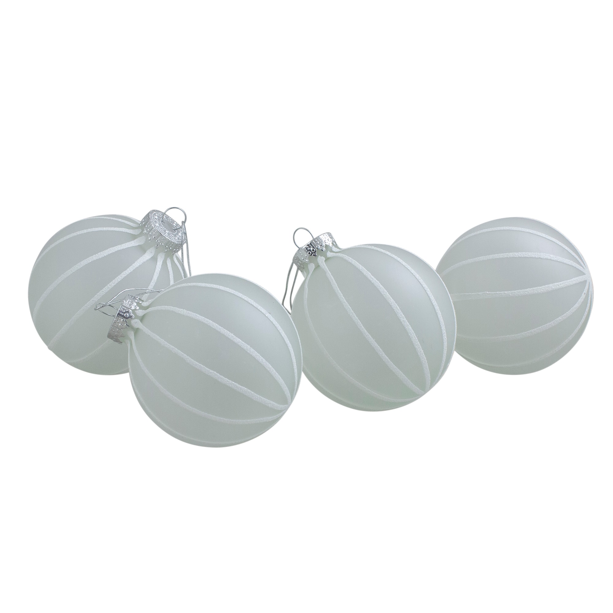 4ct. 3.5" Frosted Glitter White Striped Glass Ball Ornaments