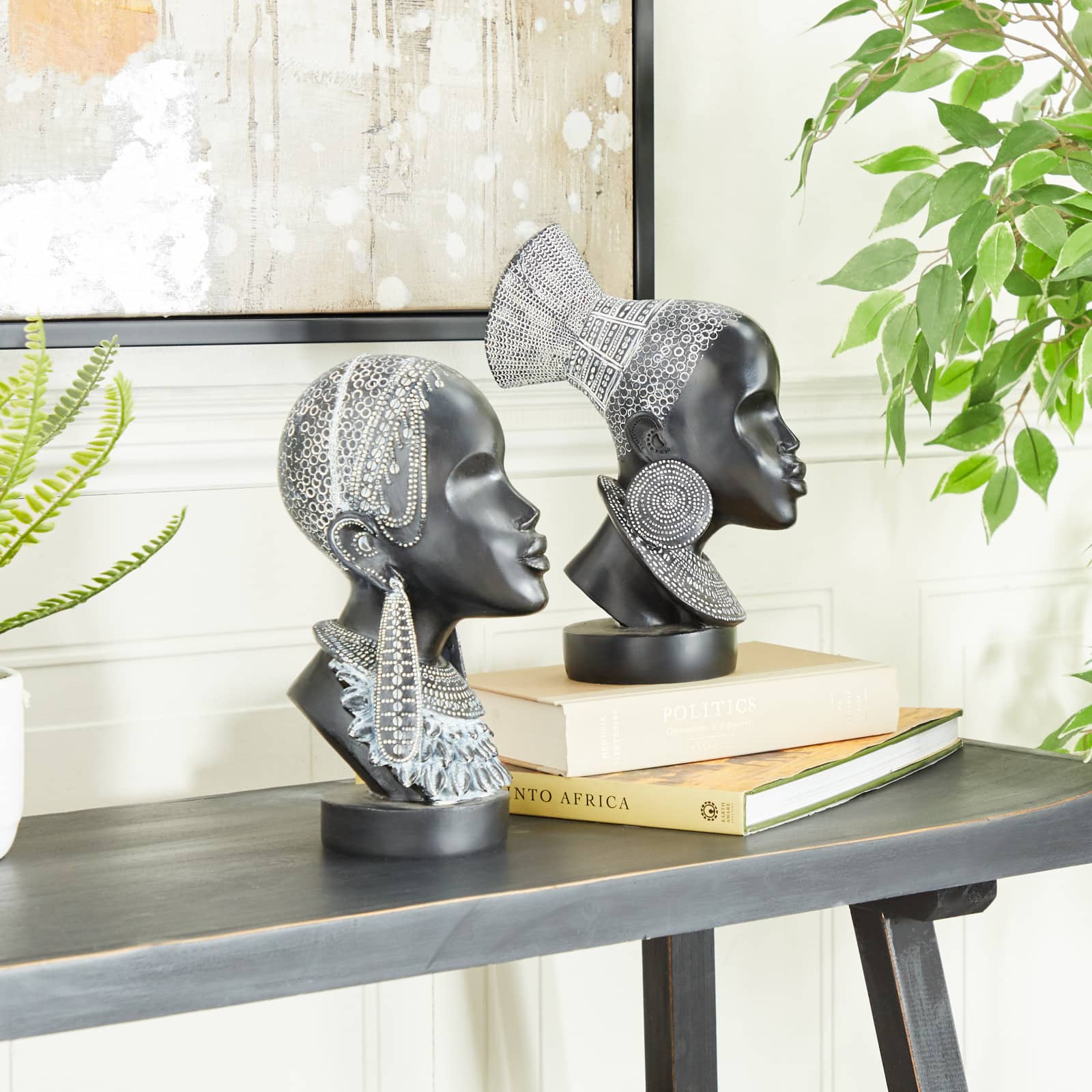 Set of 2 Black Polystone Eclectic Sculptures, 11&#x22; x 5&#x22; x 8&#x22;