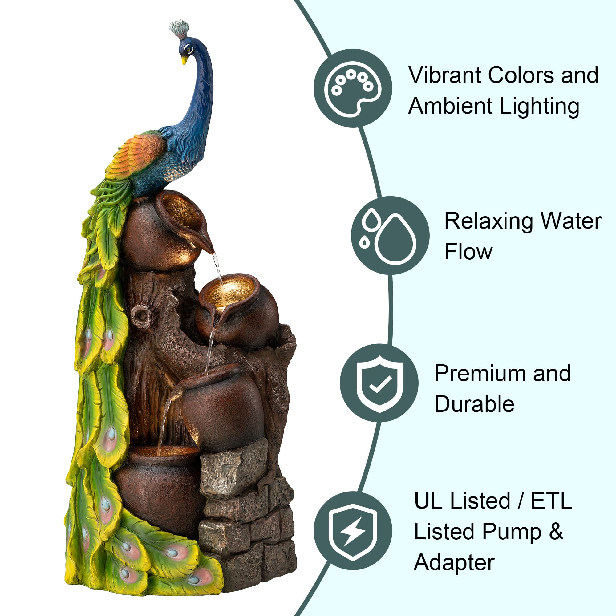 Glitzhome® 40" LED 4-Tier Peacock & Jars Outdoor Floor Fountain