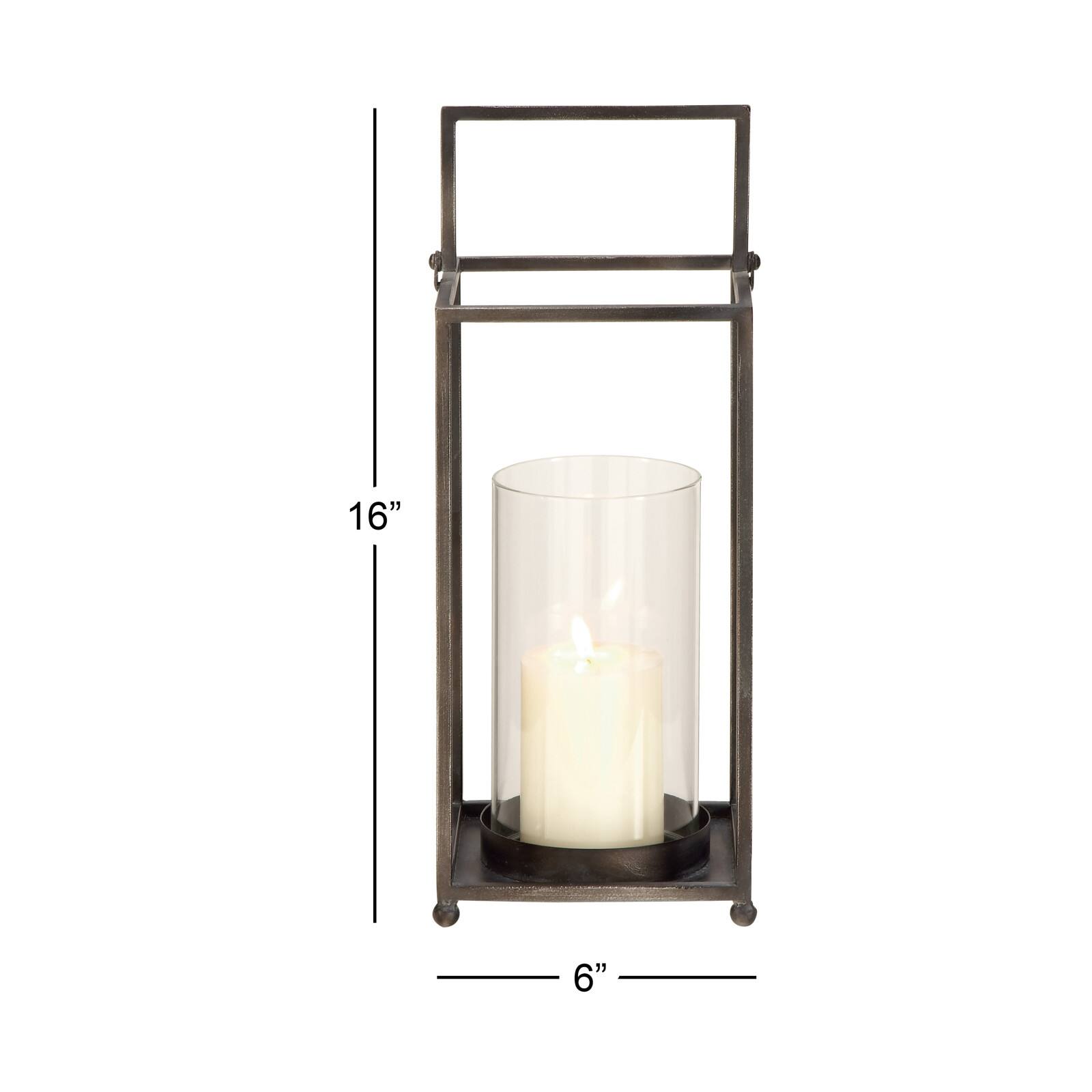 Black Iron Modern Candle Holder Lantern, 16&#x22; x 6&#x22; x 6&#x22;