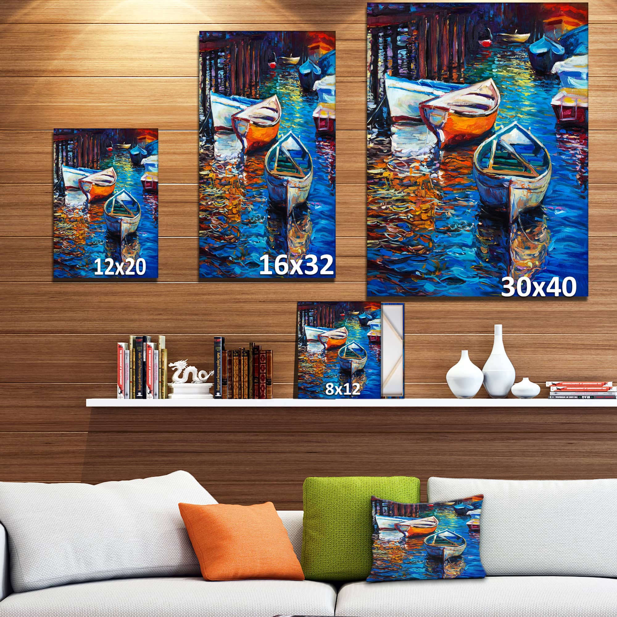 Designart - Boat over the lake - Sea & Shore Painting Print on Wrapped Canvas