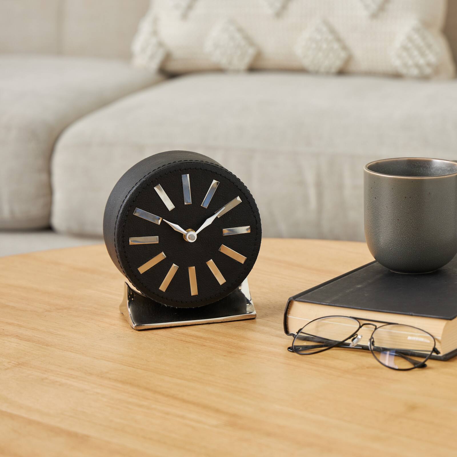 Faux Leather Round Decorative Clock with Rectangular Base