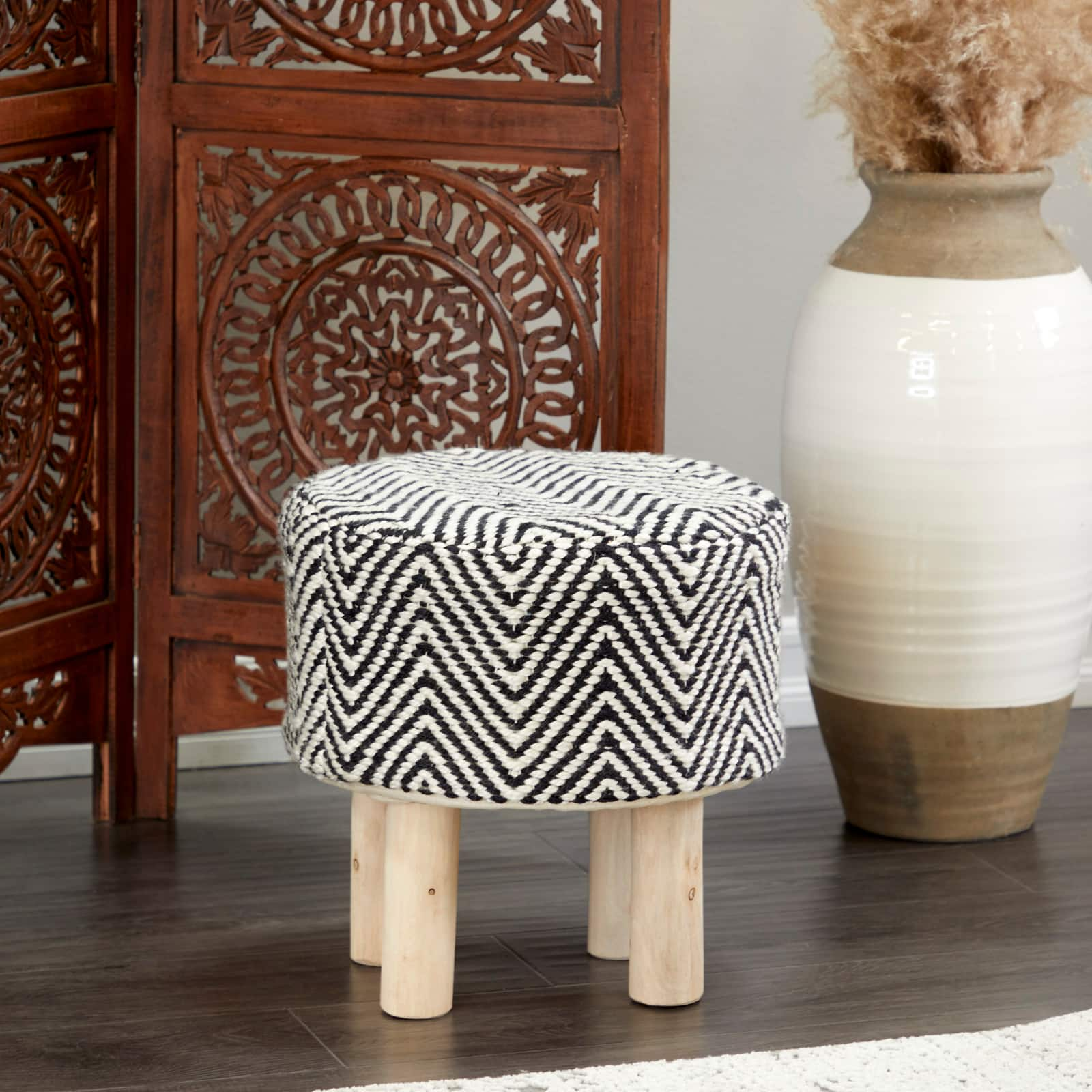 Black Wood Bohemian Stool, 16&#x22; x 16&#x22; x 17&#x22;