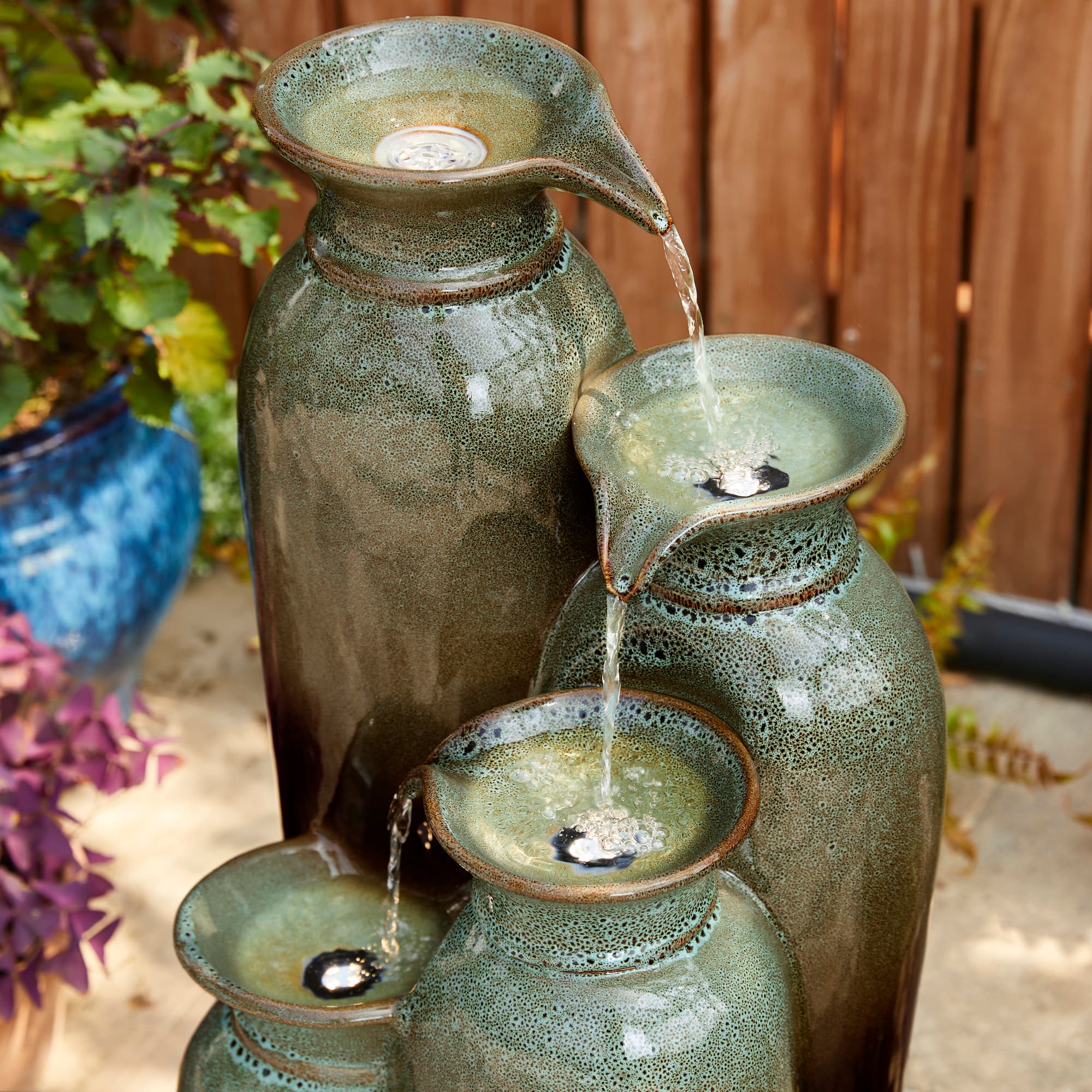 Glitzhome® 30.75" 4-Tier LED Reactive Glaze Ceramic Vase Outdoor Floor Fountain