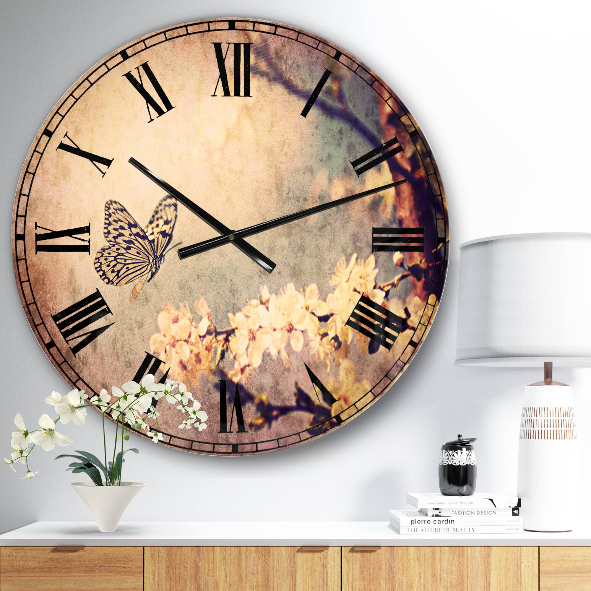 Designart Vintage Butterfly And Cherry Tree Wall Clock