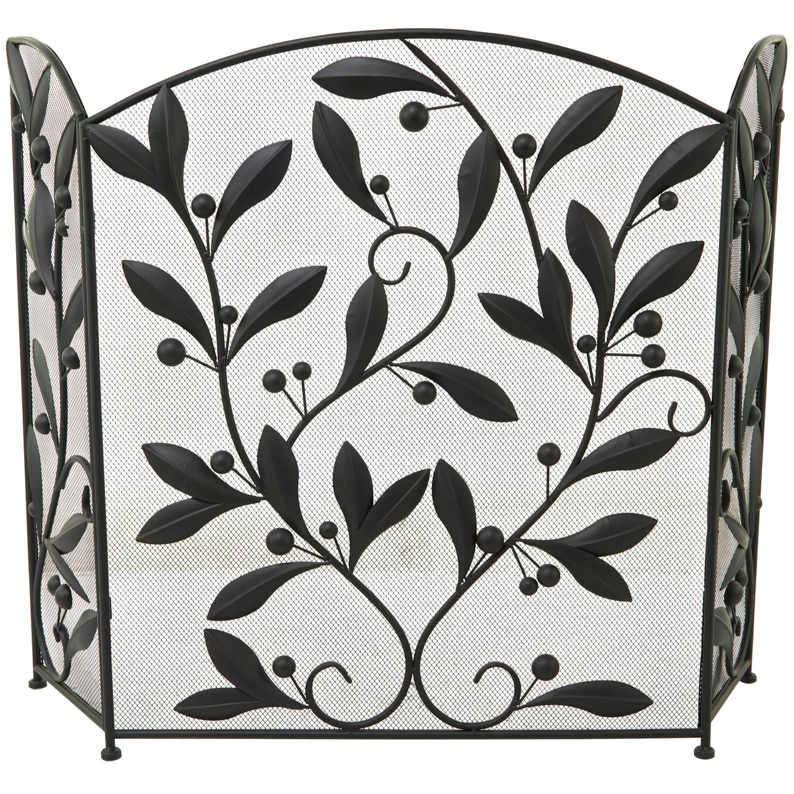 Black Metal Foldable Mesh Netting 3 Panel Scroll Fireplace Screen with Leaf and Vine Relief 45&#x22; x 1&#x22; x 30&#x22;
