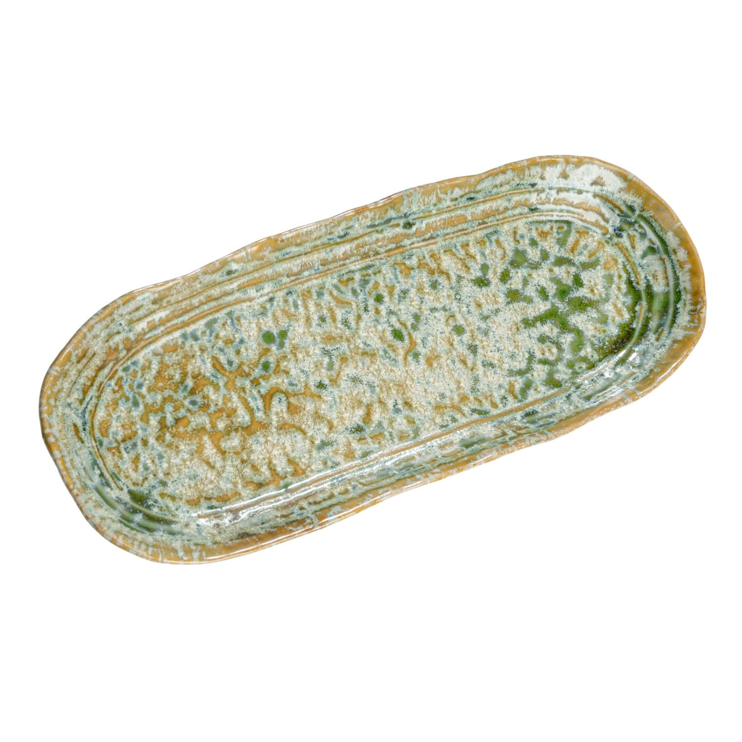 Long Green Reactive Crackle Glaze Stoneware Platters, 2ct.