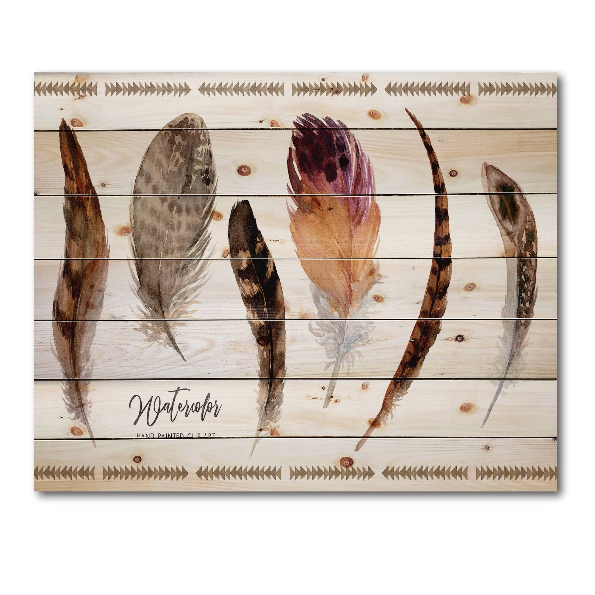 Designart - Exotic Vibrant Boho Feathers - Bohemian &#x26; Eclectic Print on Natural Pine Wood