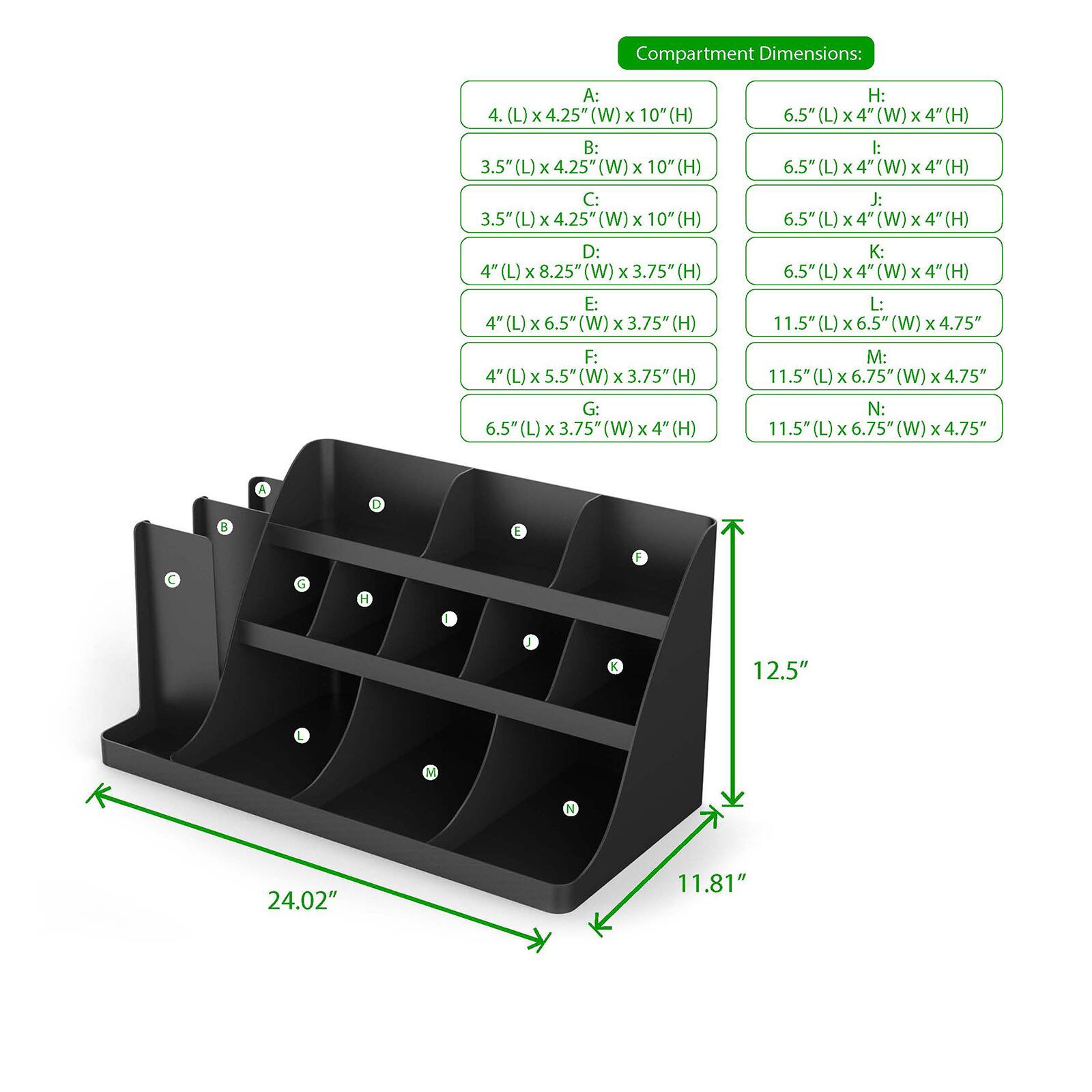 Mind Reader 14 Compartment 3 Tier Large Breakroom Condiment Organizer Black