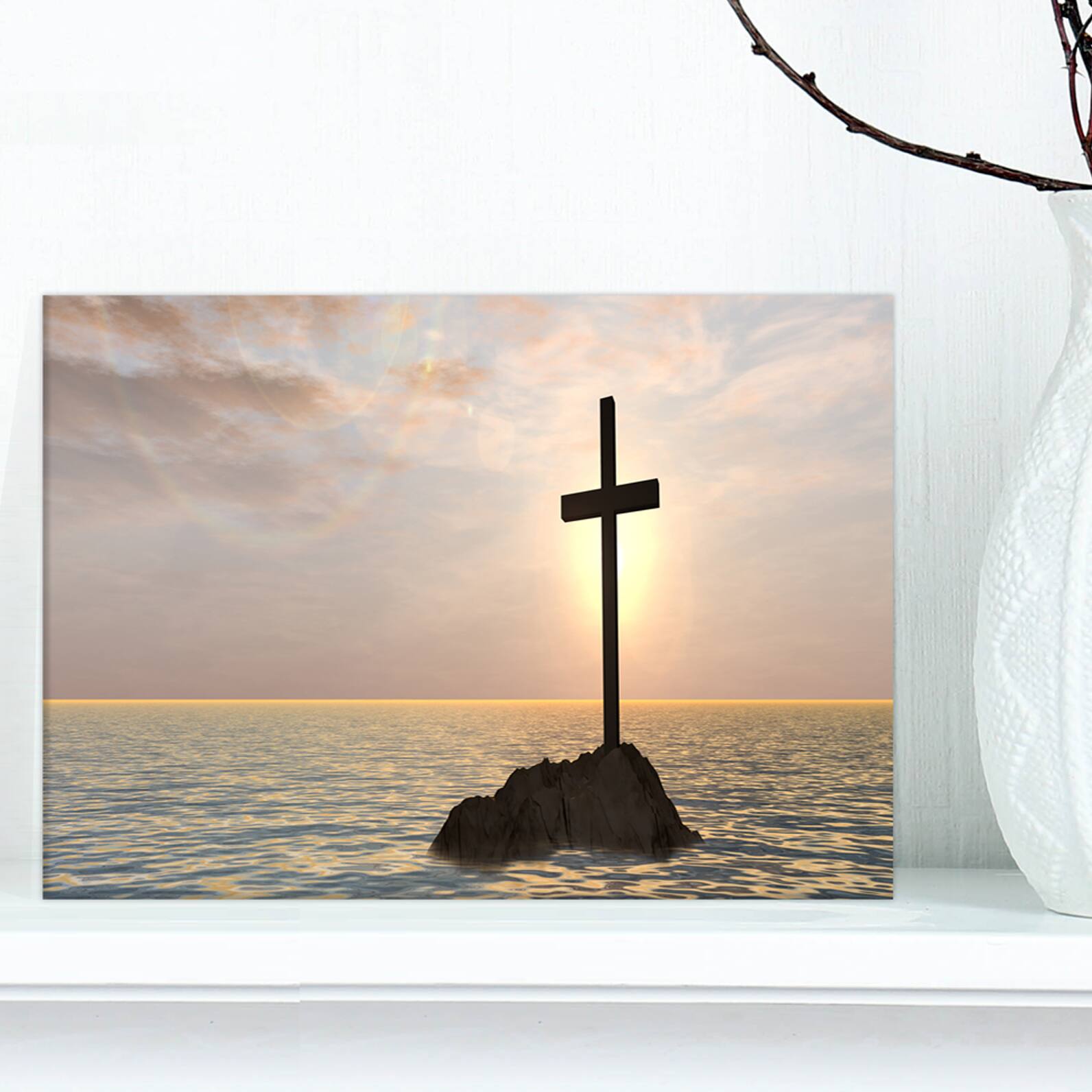 Designart - Jesus Christian Cross in Bay View - Religious Art on Wrapped Canvas
