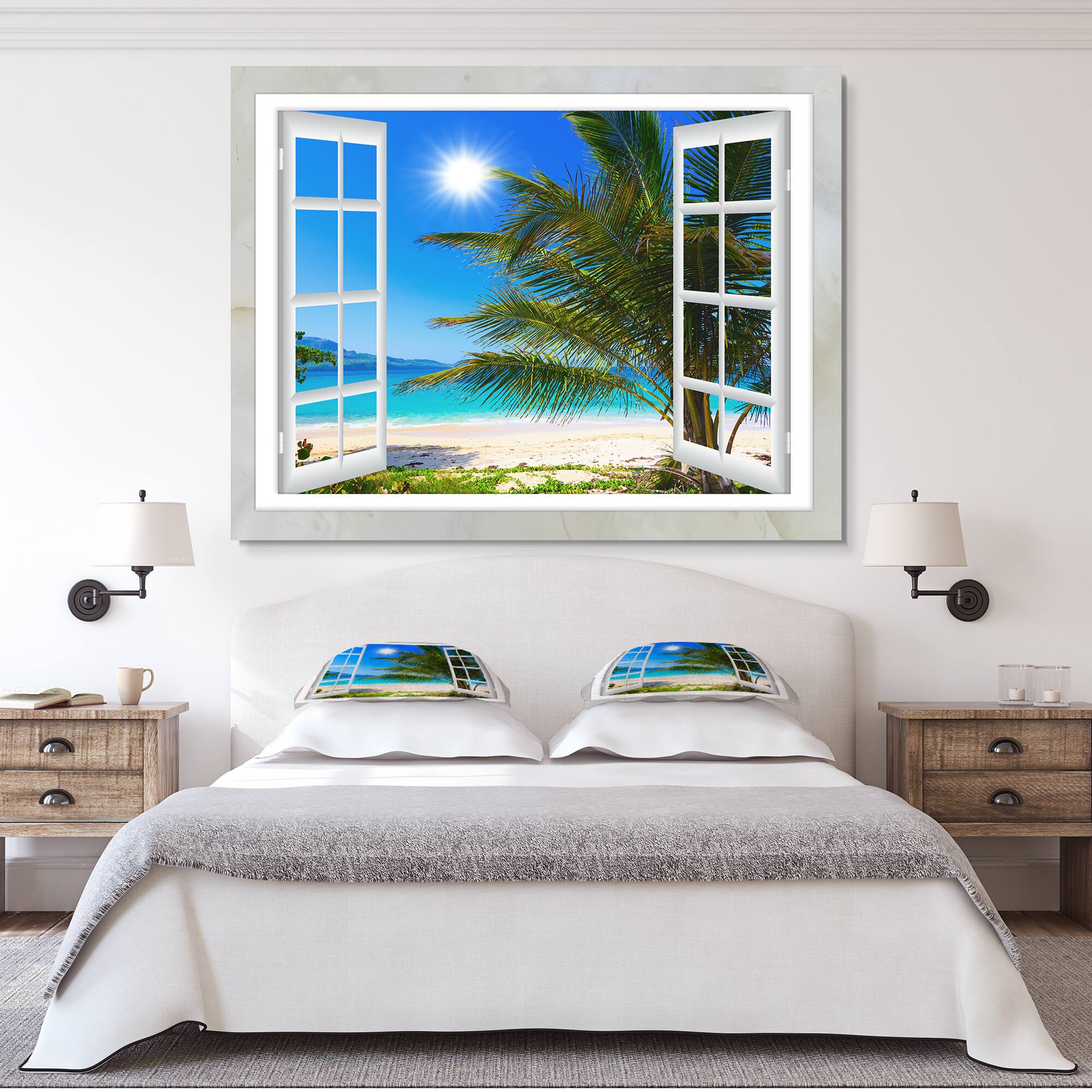 Designart - Window Open to Beach with Palm - Extra Large Seashore Canvas Art
