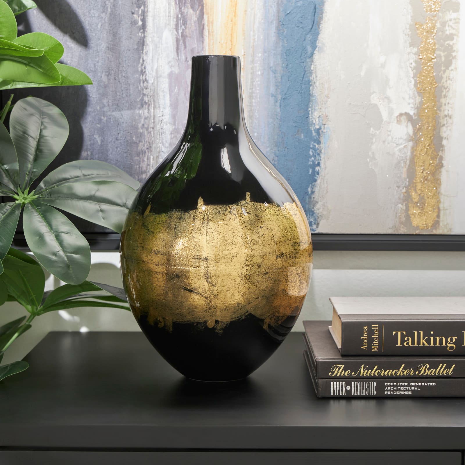 13" Black Metal Abstract Vase with Gold Detailing