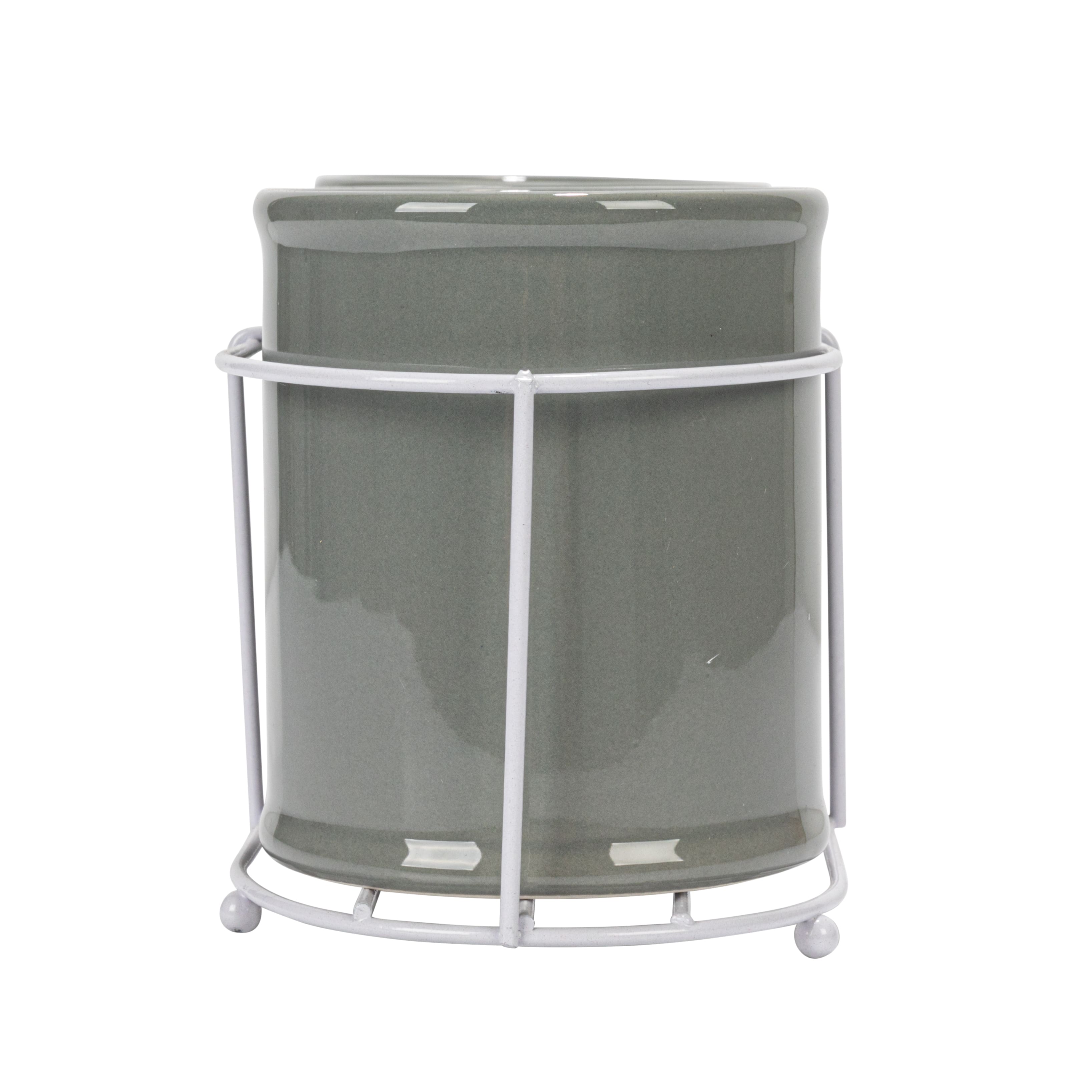 Hello Honey&#xAE; 11.5&#x22; Gray Farmhouse Ceramic Crocks in White Metal Holder