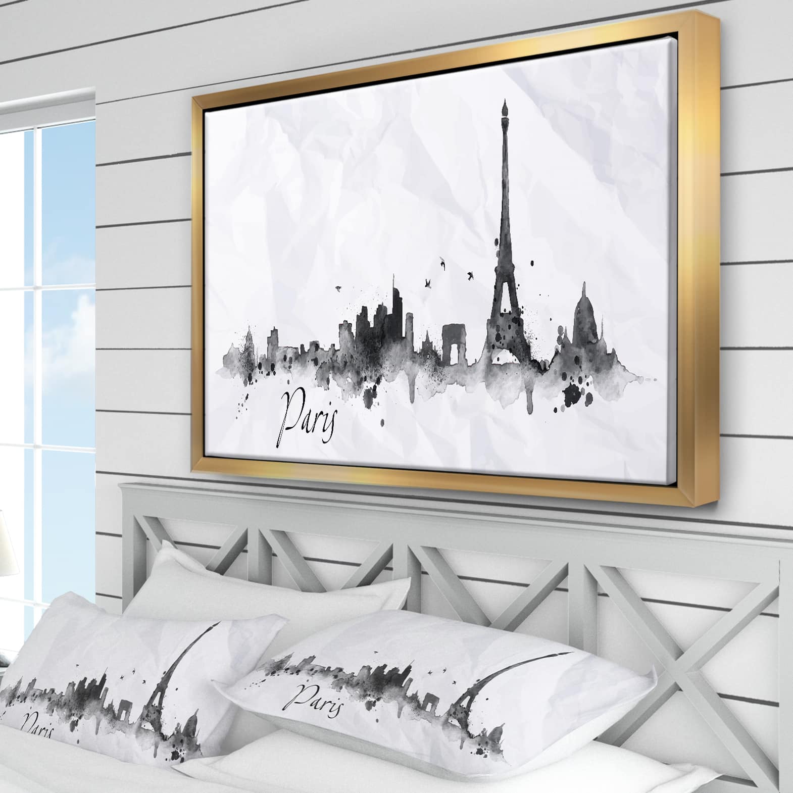 Designart - Paris with Eiffel Silhouette - Cityscape Painting Framed Canvas Print