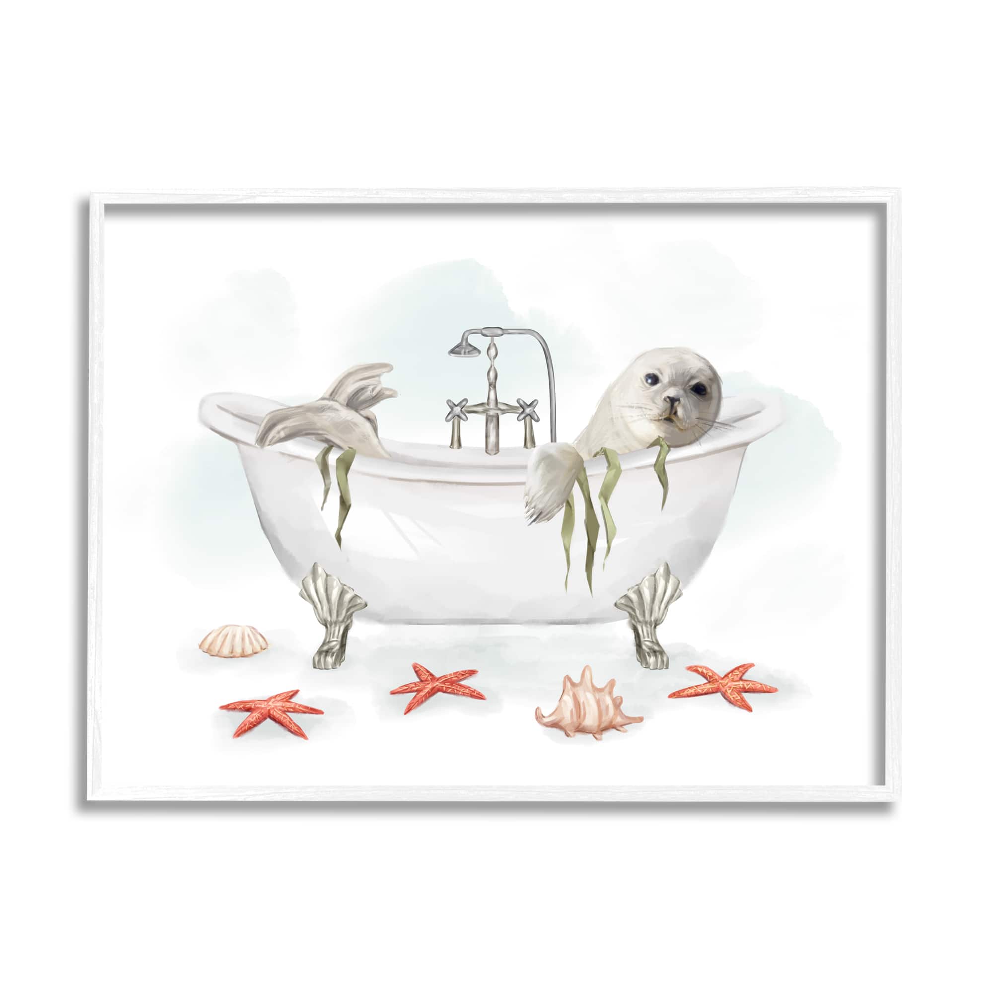 Stupell Industries White Harp Seal Ocean Inspired Bath Animal in White Frame Wall Art