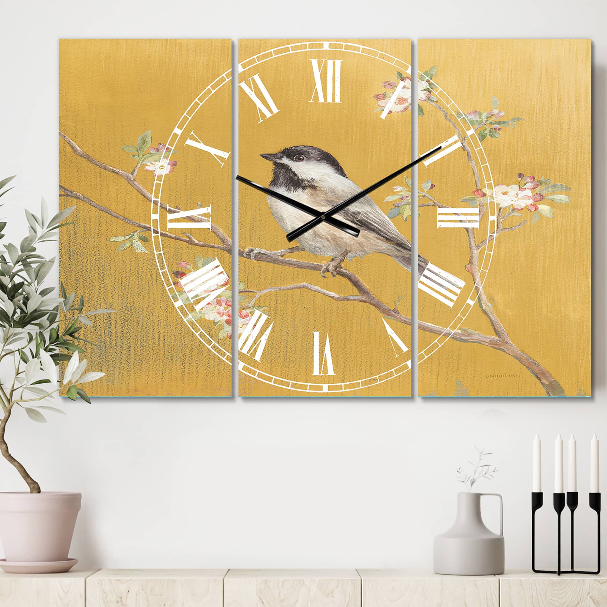 Designart 'Gold Bird On Blossoms Iv Farmhouse Multipanel Wall Clock
